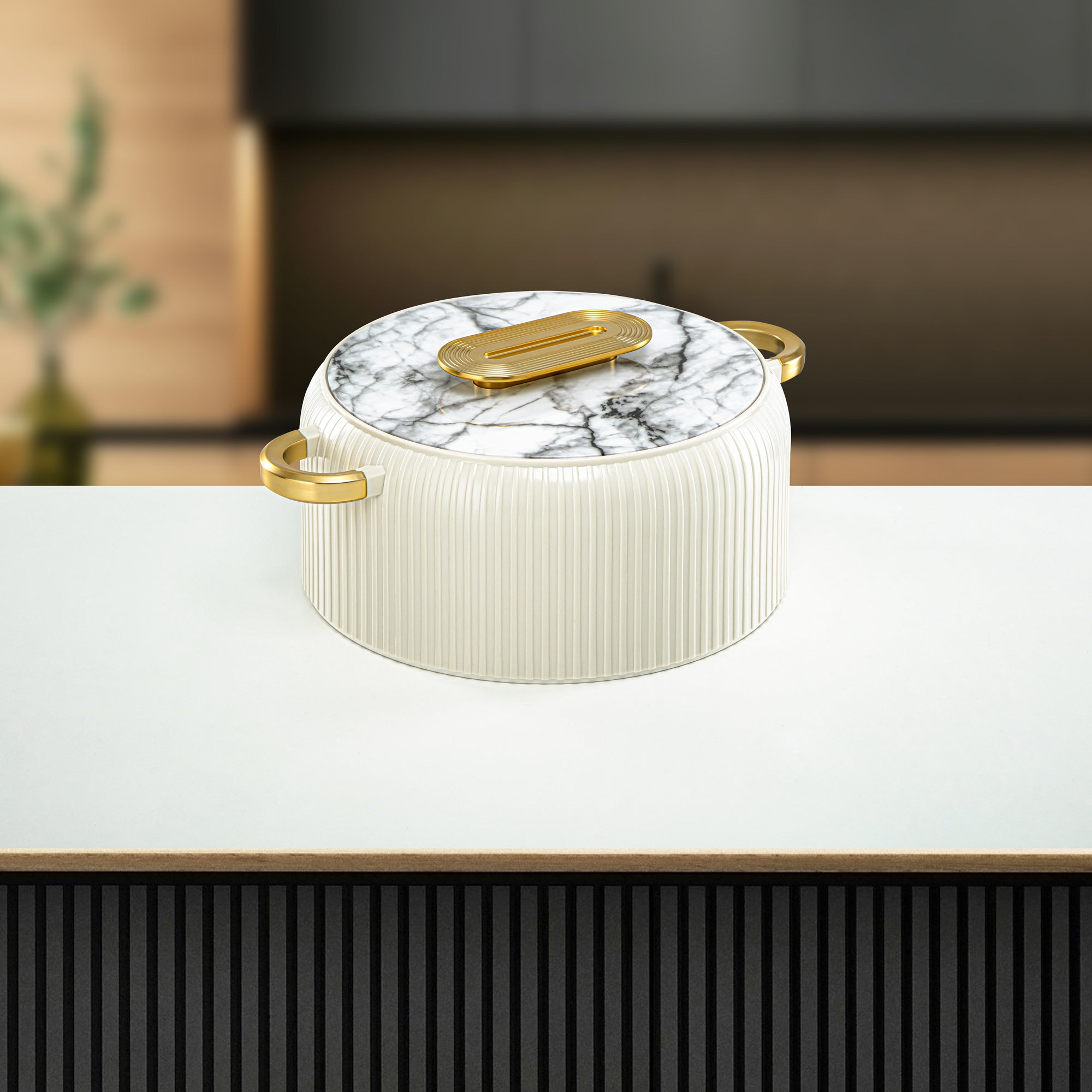 Almarjan Hot Pot Plastic, Set of 3 Pieces, White & Gold, 2000ML + 4000ML + 6500ML (EK-200/400/650 WM/MG) Ramadan Serveware