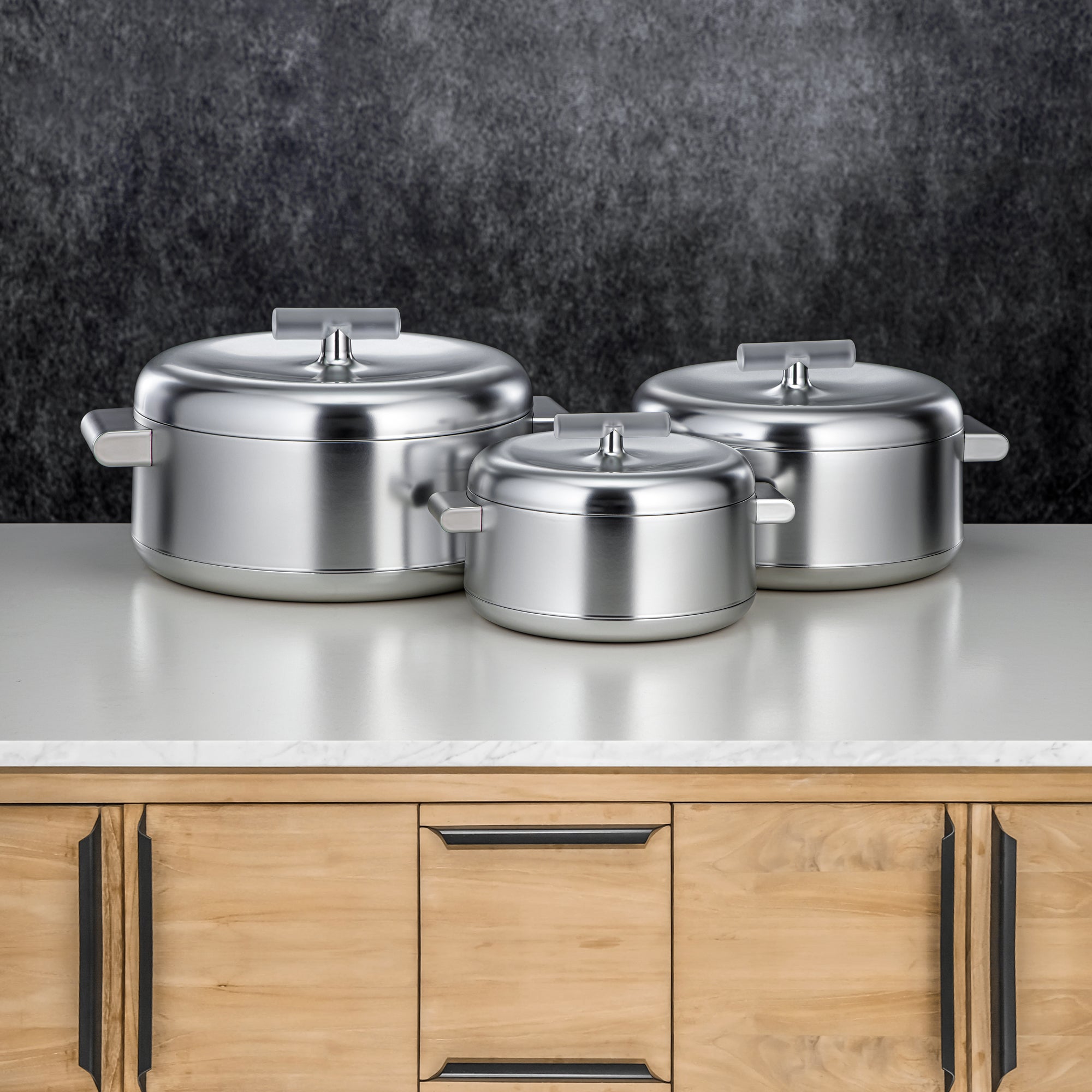 Almarjan Hot Pot Set ABS 1L, 2.5L, 3L Matt silver & frost (EL-100/250/300 MC/FA)