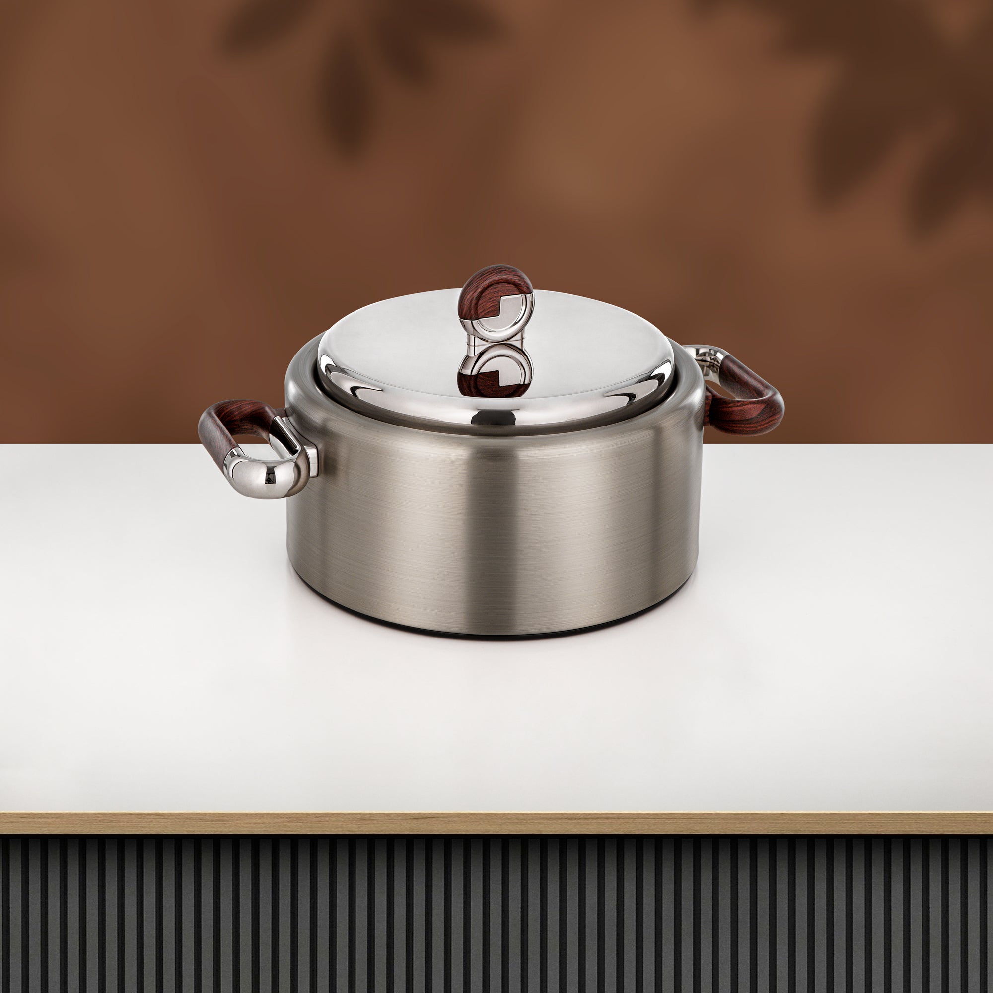 Almarjan 2 Pieces Hot Pot Set, Brushed Matt Nickel & Dark Wood