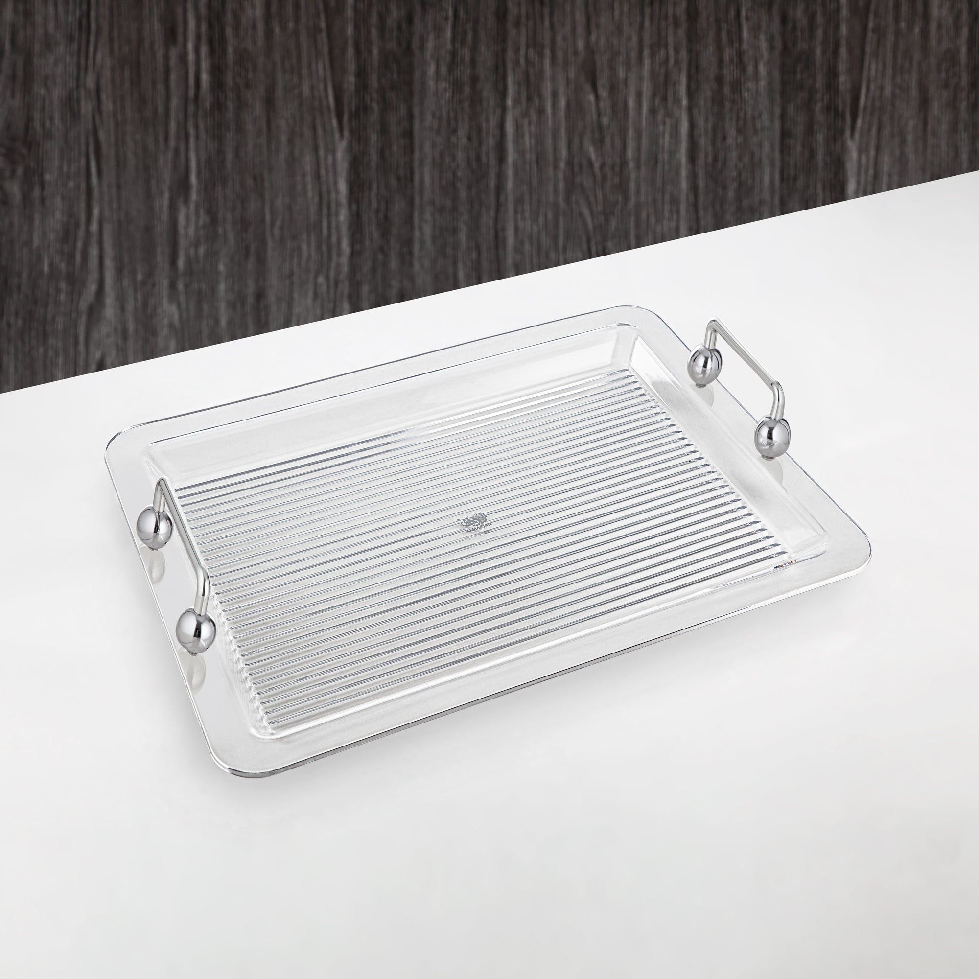 Almarjan Serving Tray 55CM, Acrylic, Silver Handle (FB03-550 ALLC) Ramadan Serveware