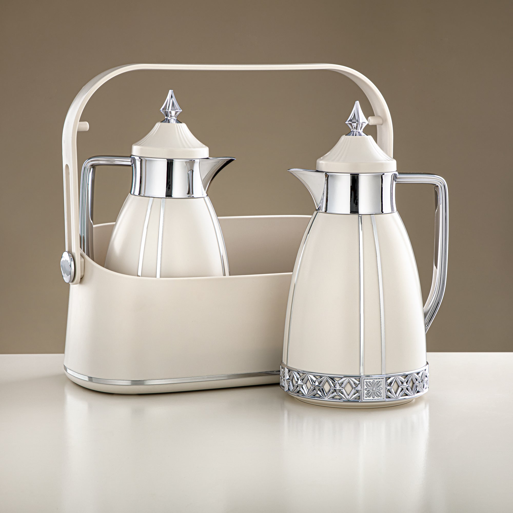 Almarjan 2 Pieces Vacuum Flask Set With Carrying Basket Ivory & Silver - FB208-05 IV/C