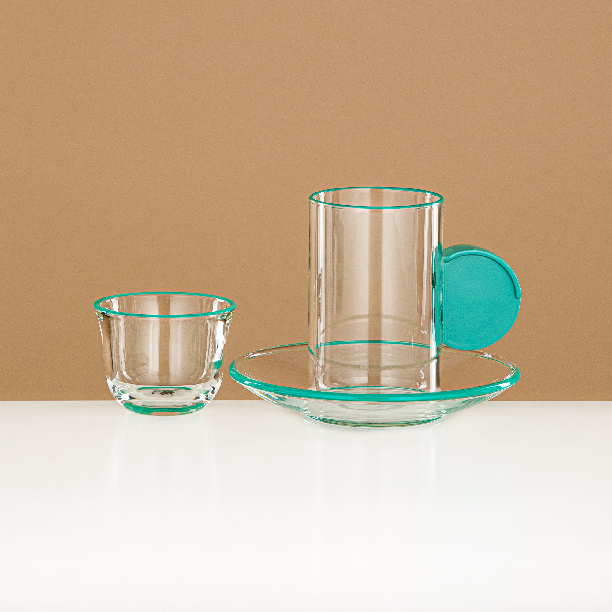 Almarjan Tea & Coffee Set 18 Pieces, Glass, Tiffany Green Rim & Handle (FB808-18 ALLTF) - Elegant Serveware for Tea & Coffee