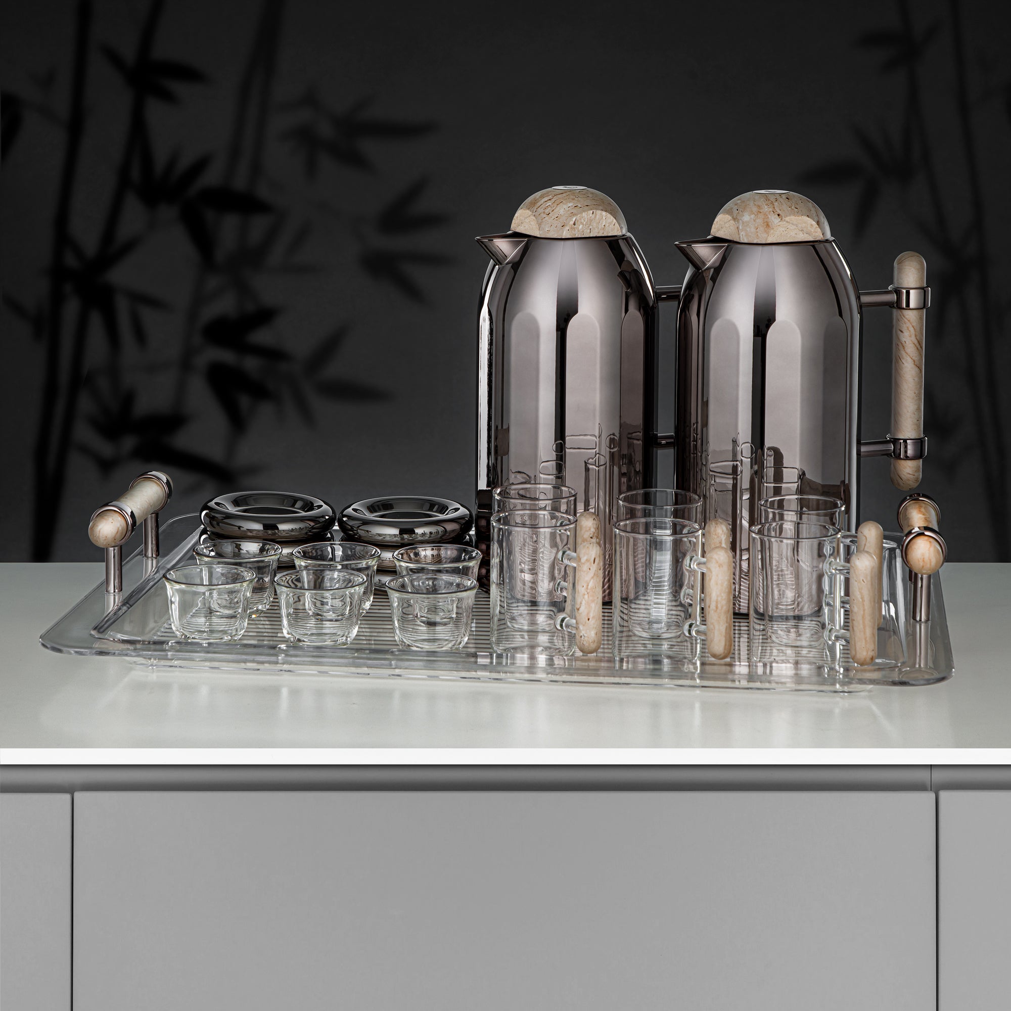 Almarjan Vacuum Flask Set 21-Piece Gun Black with Travertine Handle & Cover 1L + 1L (FG211-21 GBL/TM) – Complete Serving | Ramadan & Gatherings