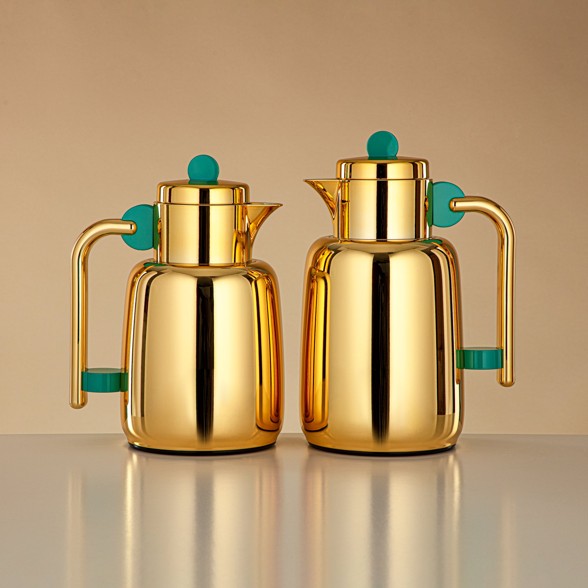 Almarjan Vacuum Flask Set - 0.7L + 1L, Gold & Tiffany Green (FG808-070/100 TF/G) - For Serving Tea & Coffee