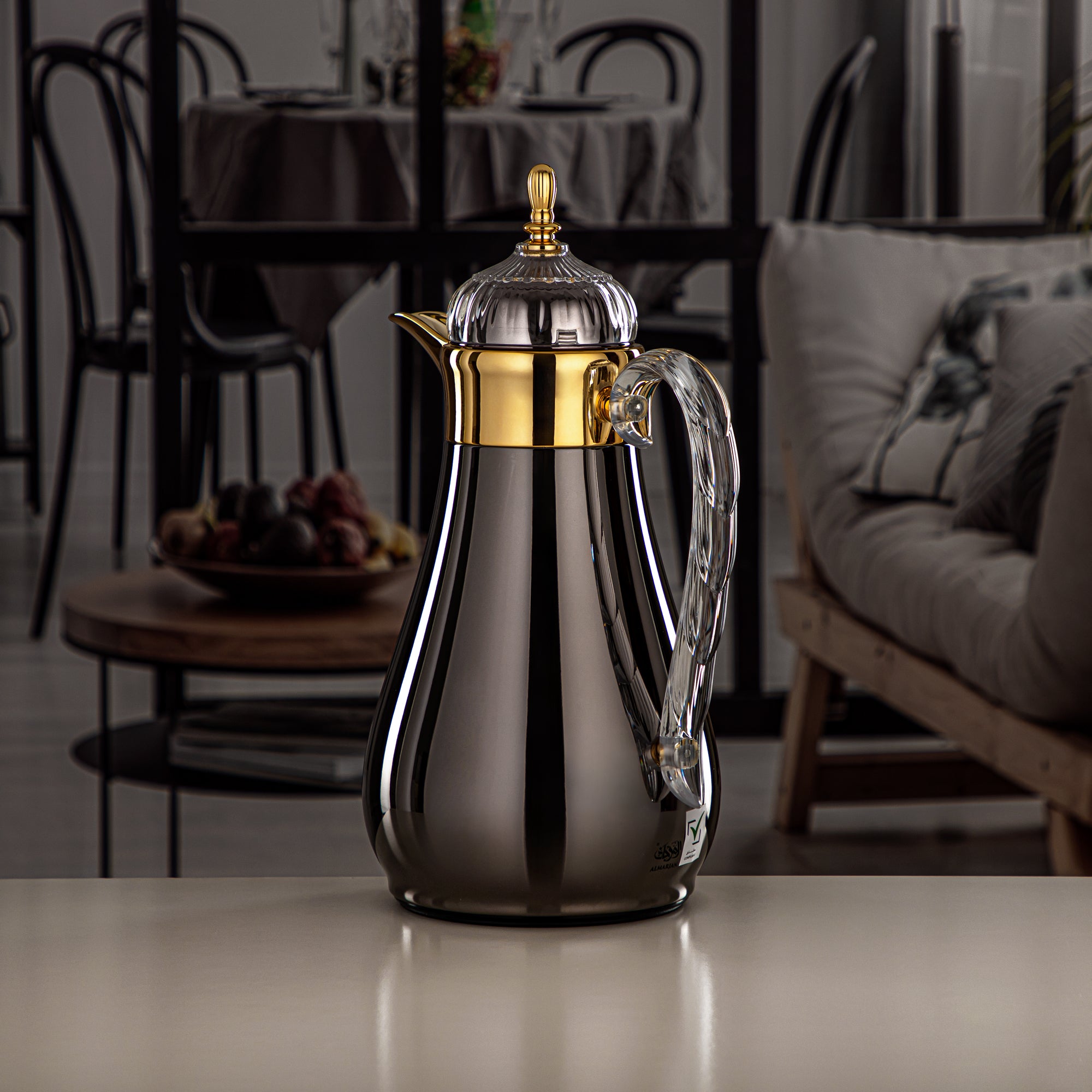 Almarjan Vacuum Flask Set, Push Button, 0.7L + 1L, Gun Black, Gold & Transparent (FG810-070/100 GB/G) - Elegant Vacuum Flask Sets