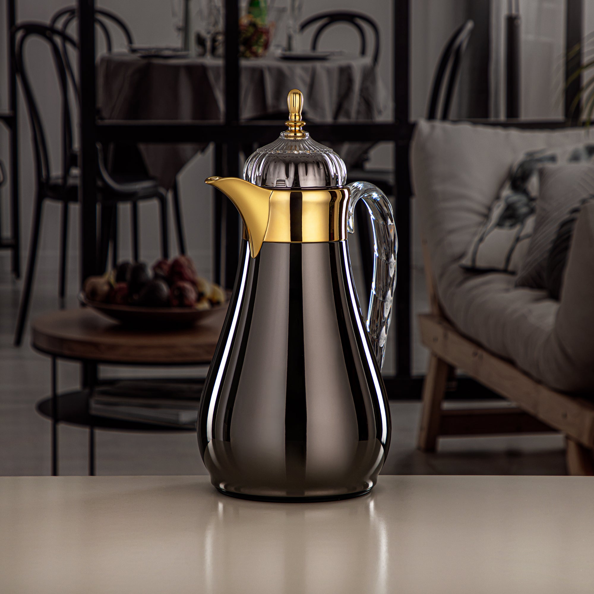 Almarjan Vacuum Flask Set, Push Button, 0.7L + 1L, Gun Black, Gold & Transparent (FG810-070/100 GB/G) - Elegant Vacuum Flask Sets