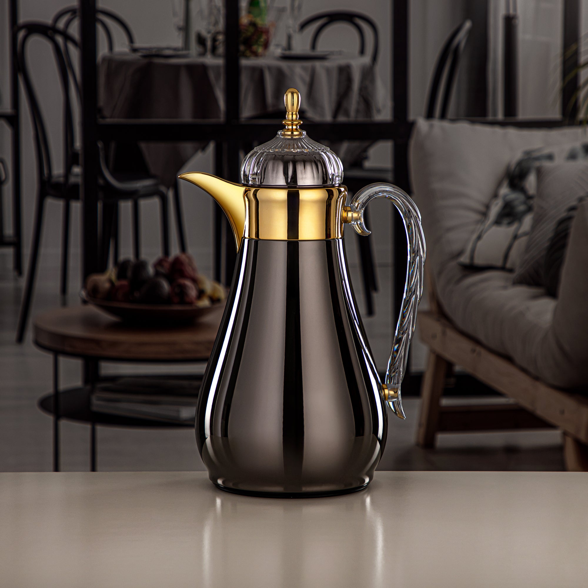 Almarjan Vacuum Flask Set, Push Button, 0.7L + 1L, Gun Black, Gold & Transparent (FG810-070/100 GB/G) - Elegant Vacuum Flask Sets