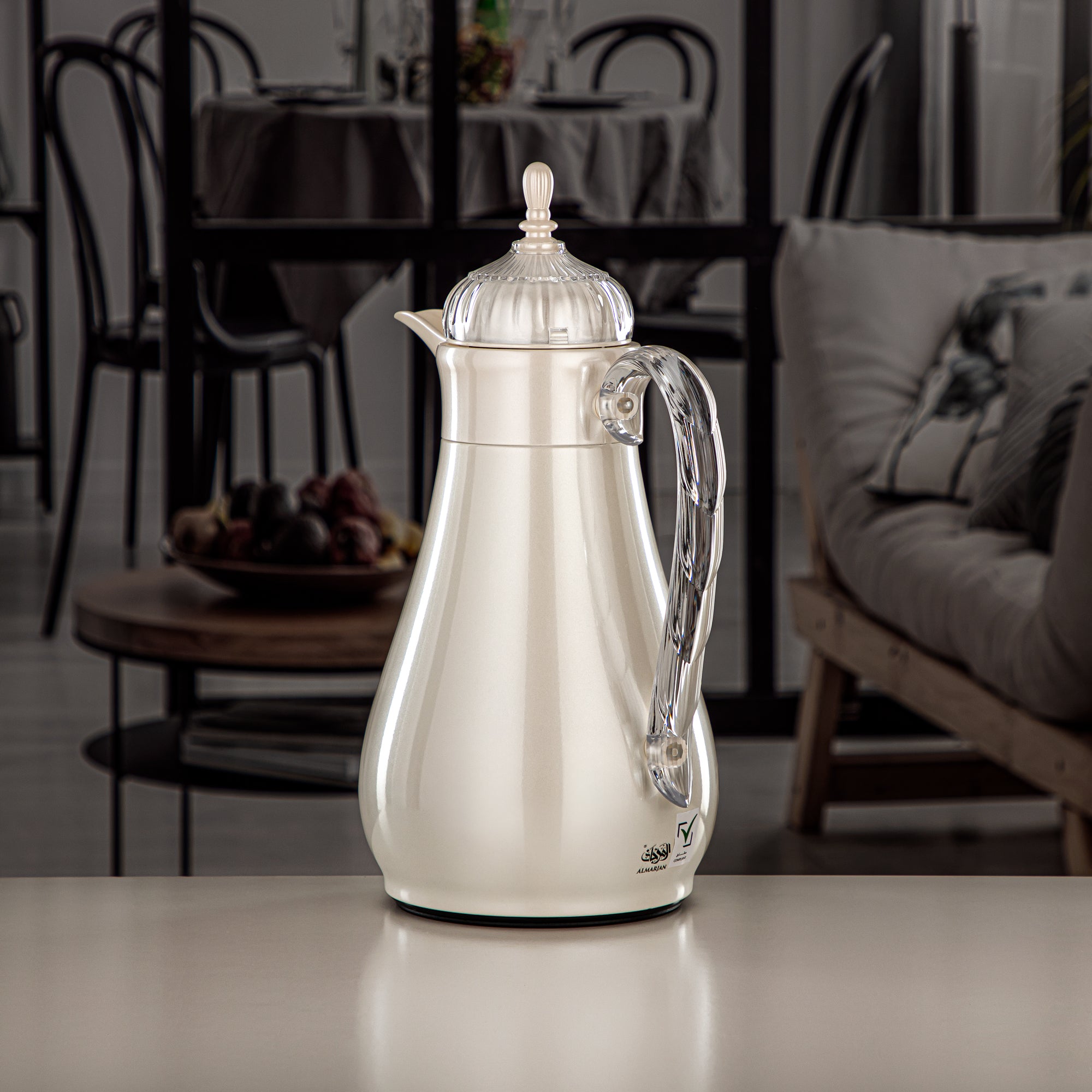 Almarjan Vacuum Flask Set, Push Button, 0.7L + 1L, Pearl White & Transparent (FG810-070/100 PW/TR) - Elegant Vacuum Flask Sets