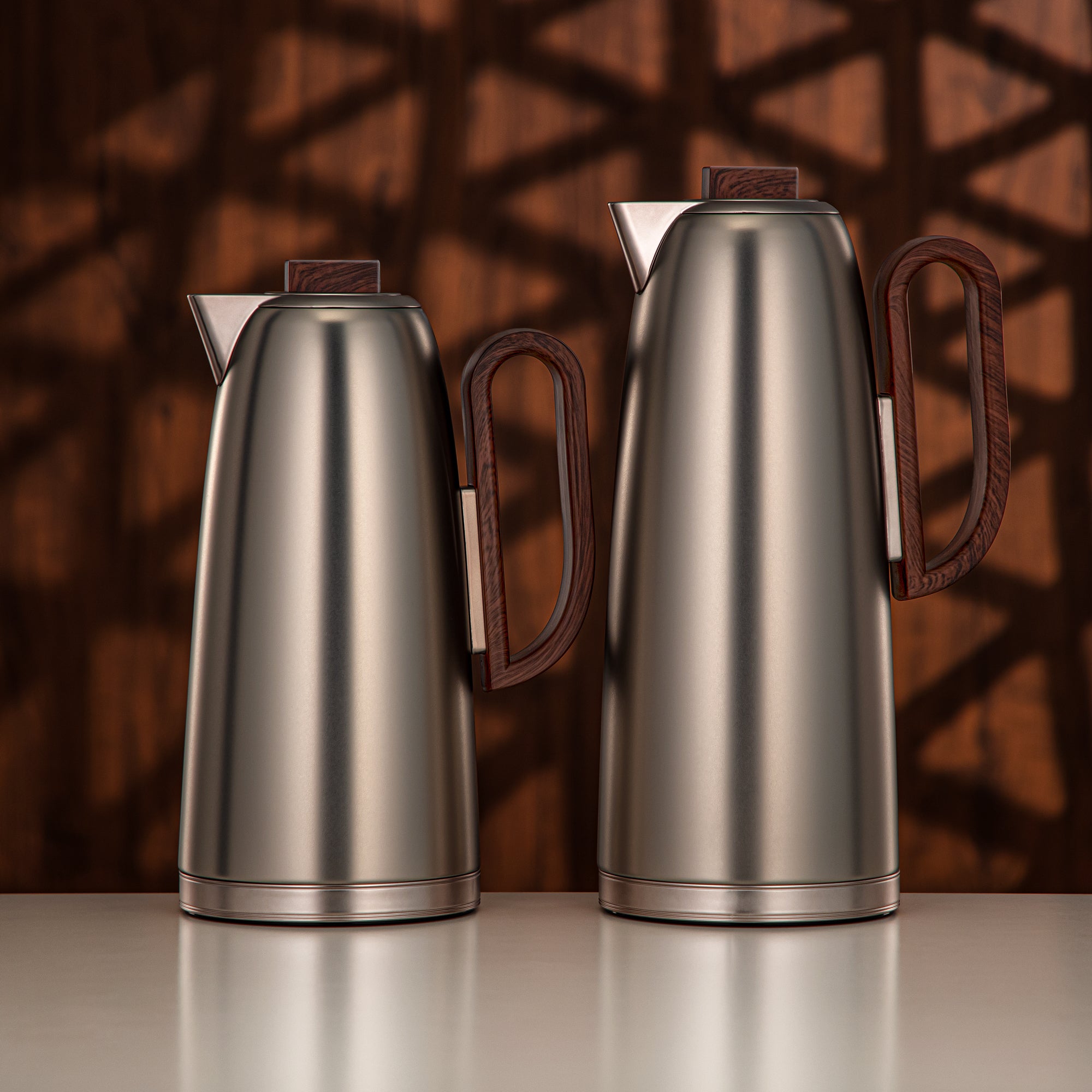 Almarjan Vacuum Flask Set 0.7L & 1L Matt Nickel & Dark Wood