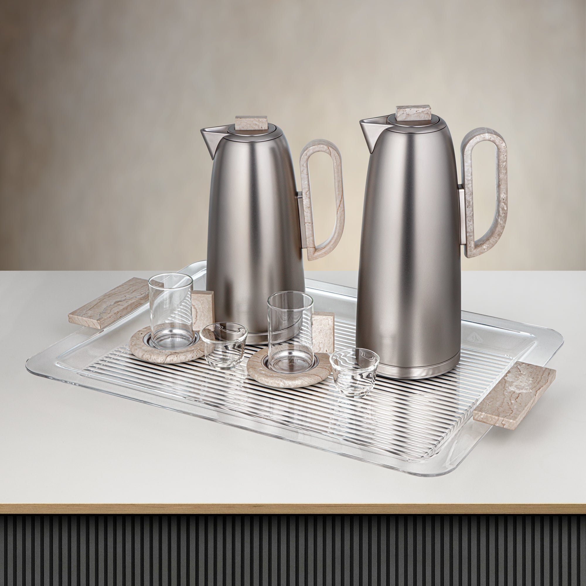 Almarjan Tea & Coffee Set 21 Pieces Matt Nickel & Travertine