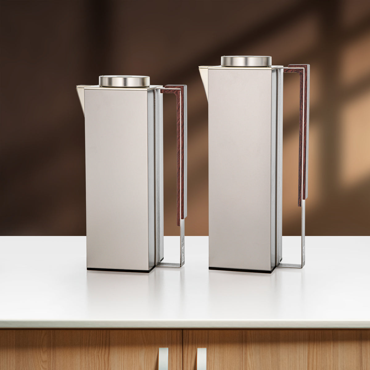 Almarjan 2 Pieces Vacuum Flask Set, Matt Nickel & Dark Wood