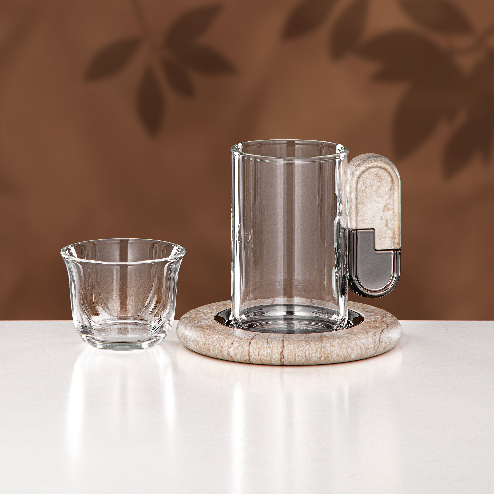 Almarjan 18 Pieces Tea & Coffee Set, Gun Black & Travertine Marble