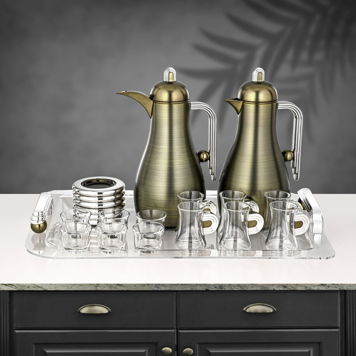 Almarjan 21 Pieces Serving Set, Brushed Green & Silver