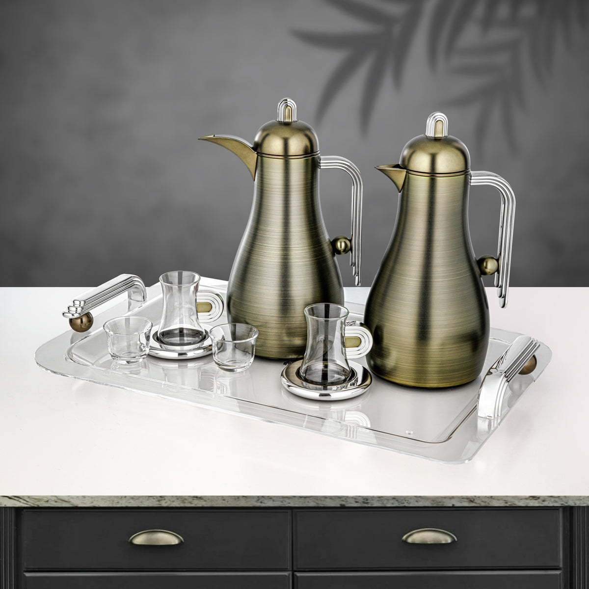 Almarjan 21 Pieces Serving Set, Brushed Green & Silver