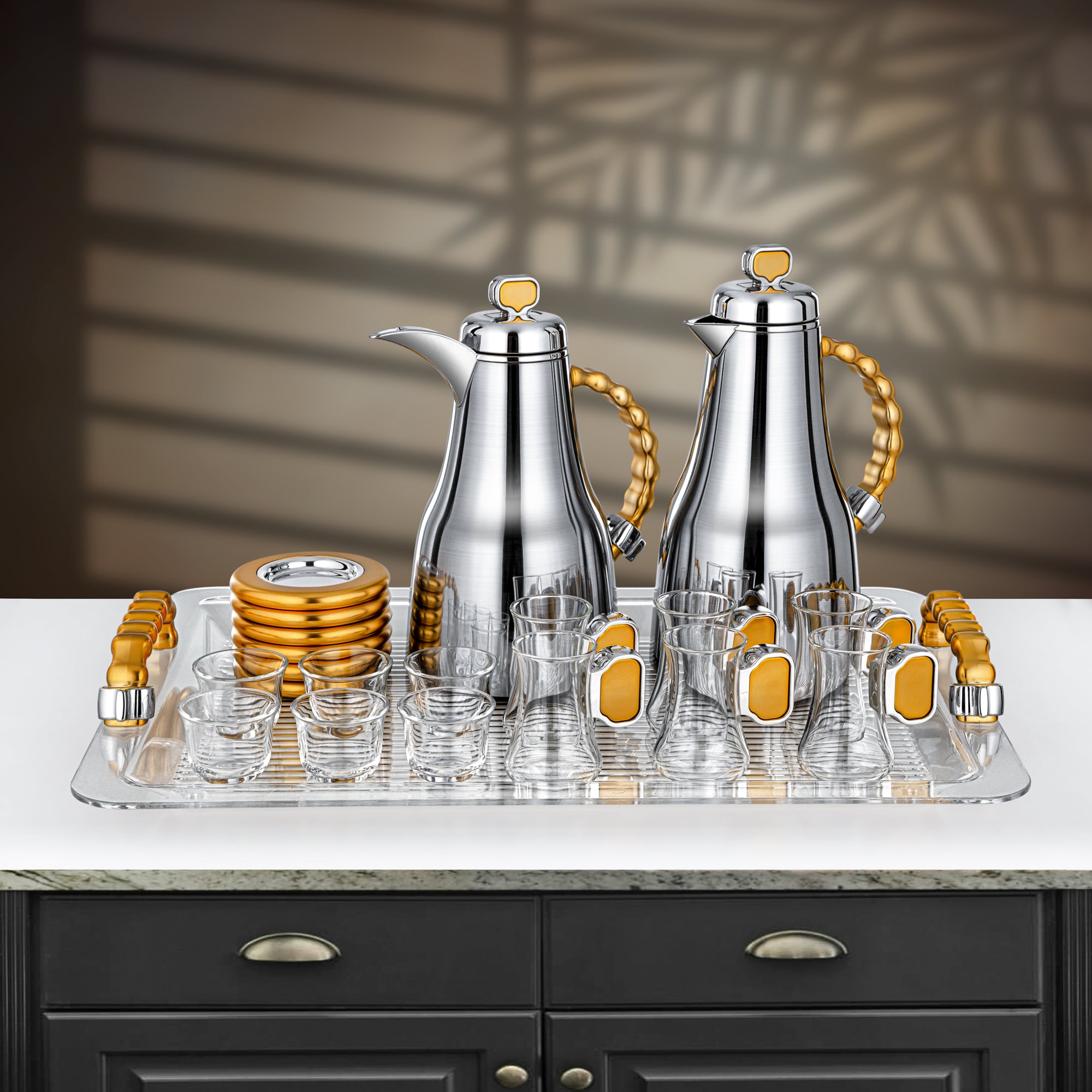 Almarjan 21 Pieces Tea & Coffee Set, Brushed Silver & Matt Gold