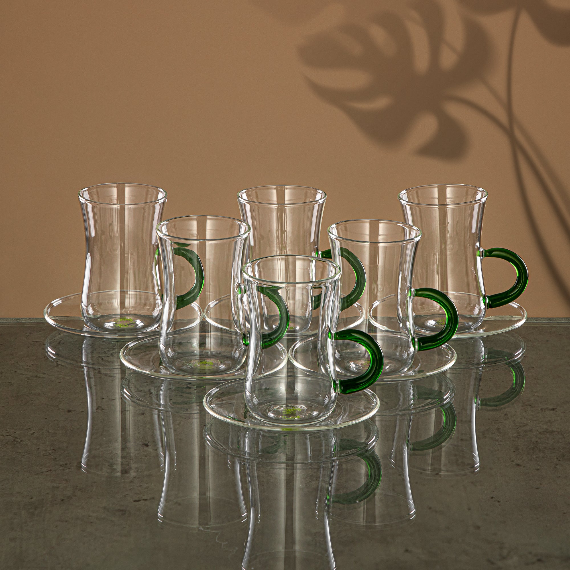 Almarjan Tea & Coffee Set 18 Pieces, Borosilicate Glass, Clear & Green (GLS0010113) - Serving Tea & Coffee