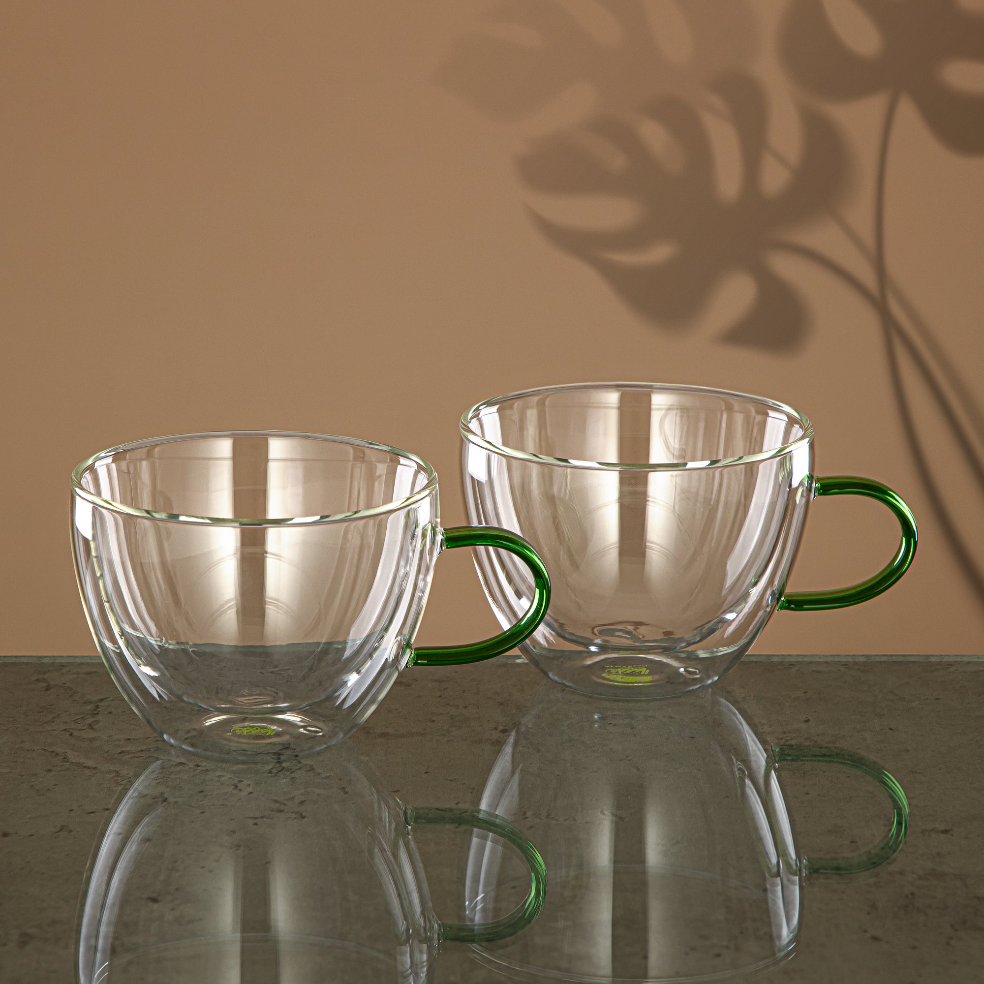 Almarjan Cappuccino Cup Set 2 Pieces, Double Wall Borosilicate Glass, 350ML, Clear & Green (GLS0010160) - Elegant Serveware