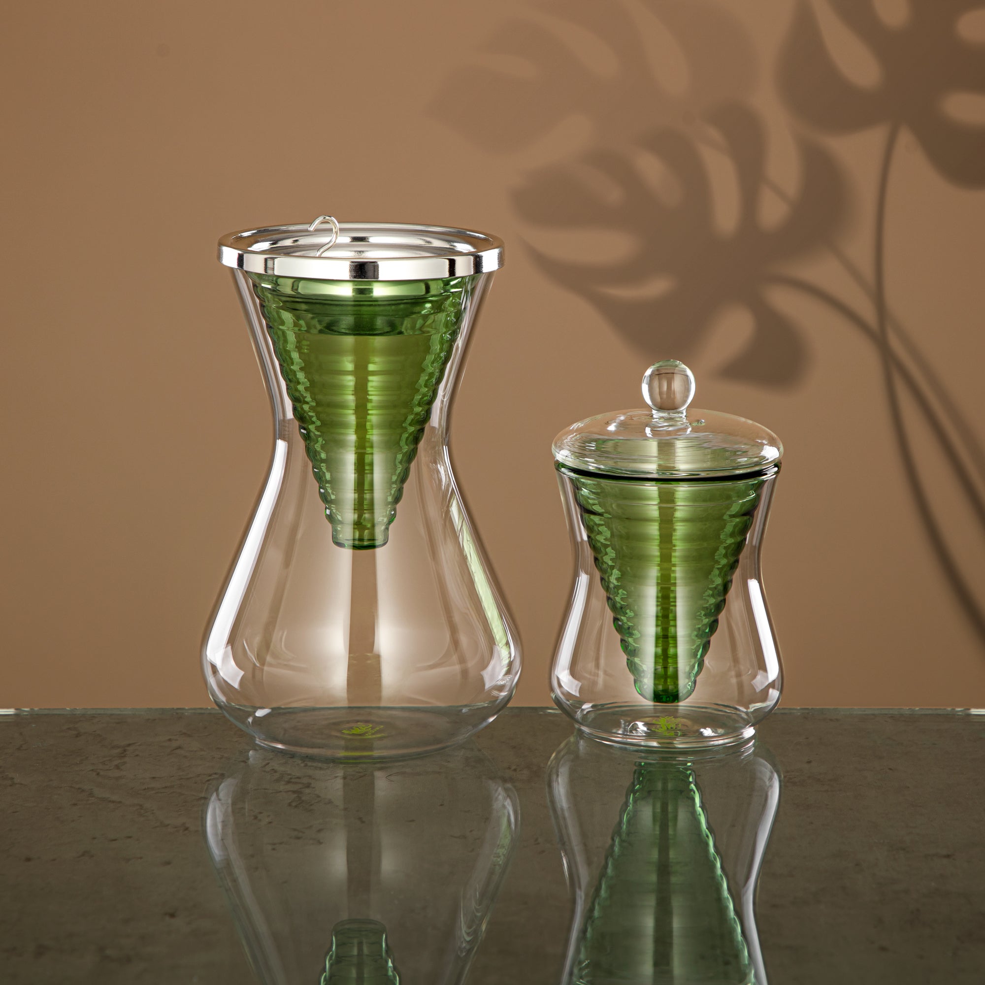 Almarjan Incense Burner Set 2 Pieces, Borosilicate Glass, Clear & Green (GLS0010169) - Oud Burner