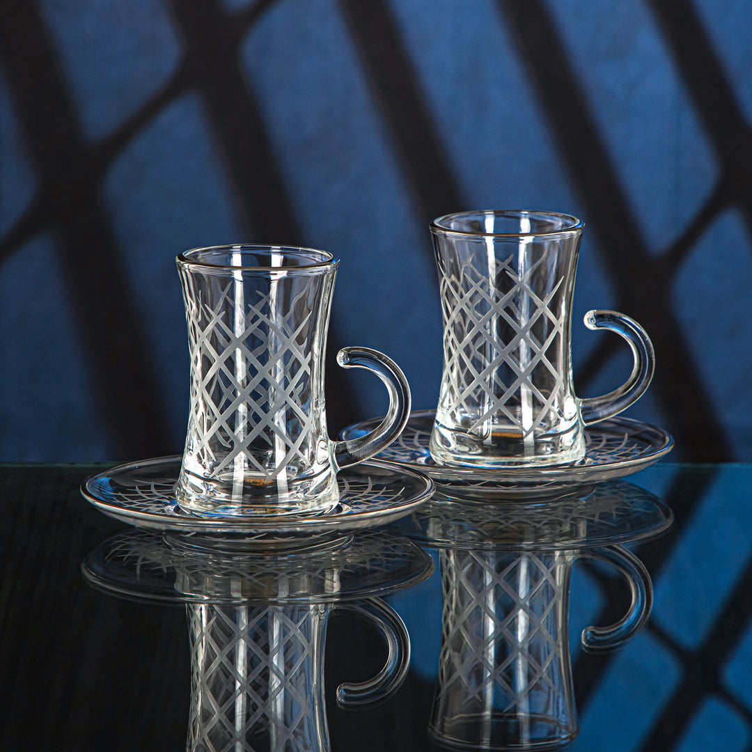 Almarjan 6 Pieces Diamond Collection Glass Tea Cup With Silver Rim - GLS2630014