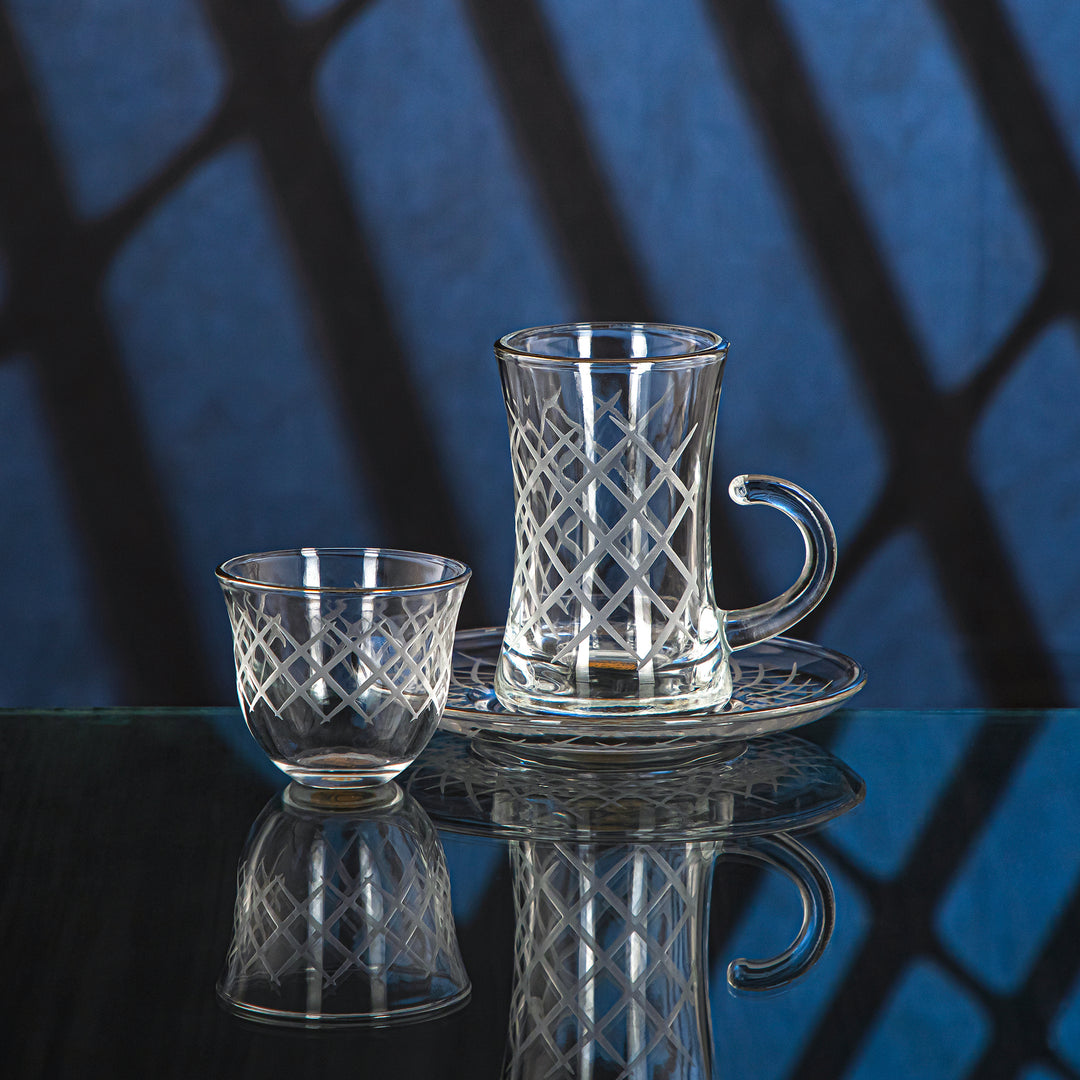 Almarjan 18 Pieces Diamond Collection Glass Tea & Coffee Set With Silver Rim - GLS2630015