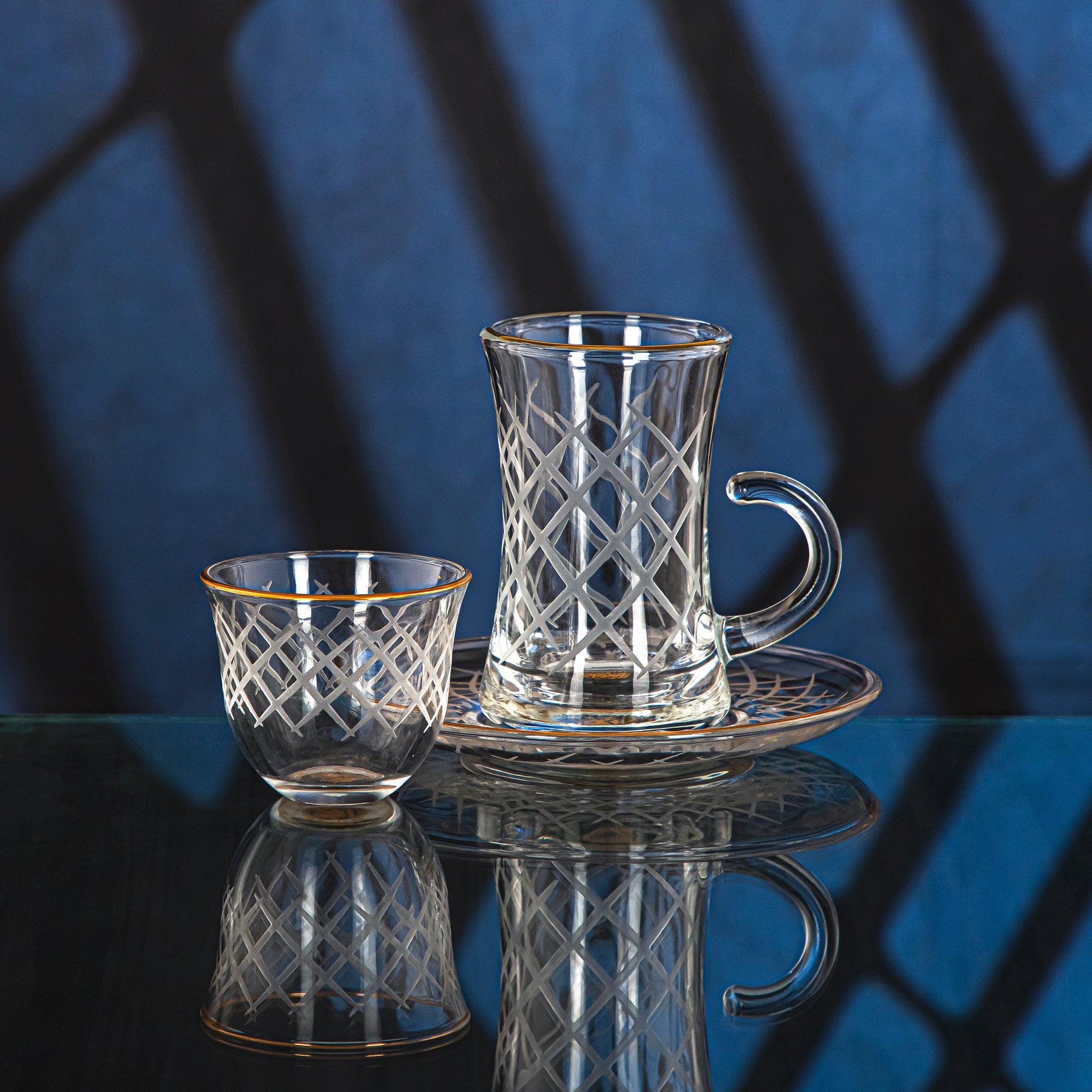 Almarjan 18 Pieces Diamond Collection Glass Tea & Coffee Set With Golden Rim - GLS2630018