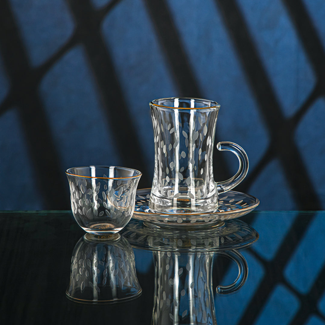 Almarjan 18 Pieces Leaf Collection Glass Tea & Coffee Set With Golden Rim - GLS2630030