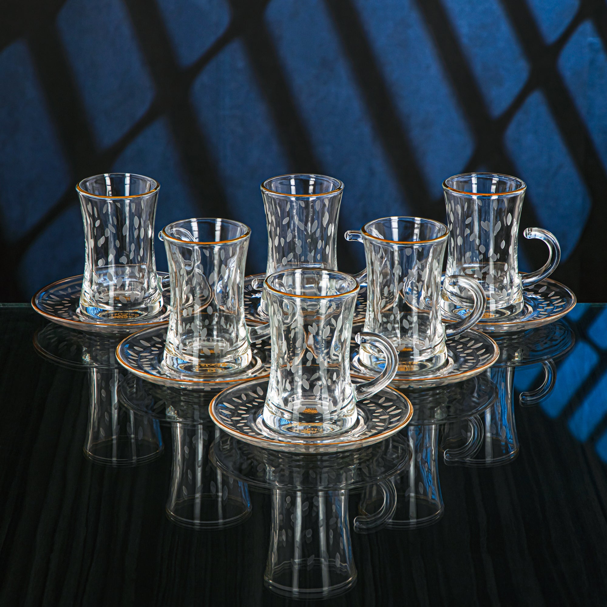 Almarjan 18 Pieces Leaf Collection Glass Tea & Coffee Set With Golden Rim - GLS2630030