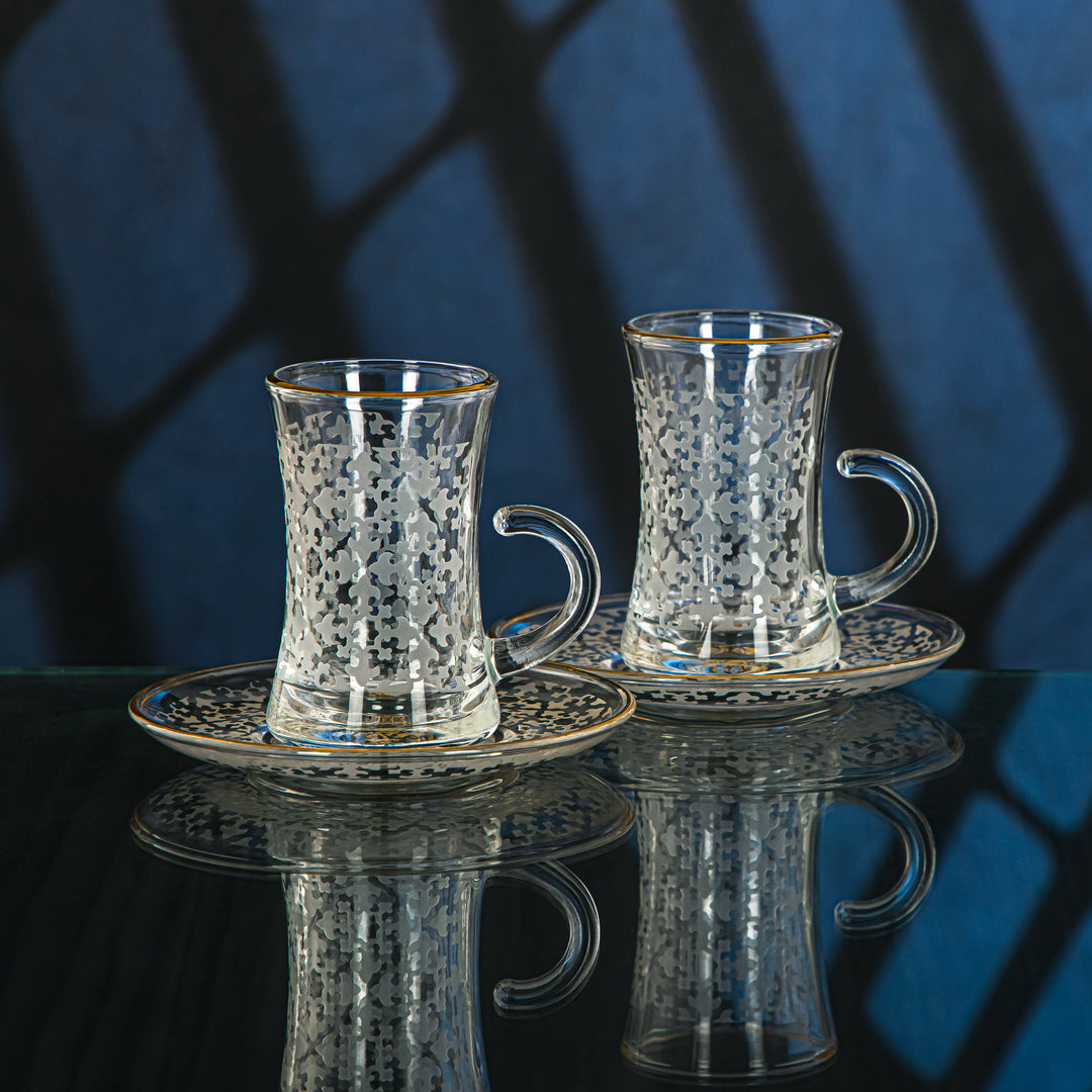 Almarjan 6 Pieces Zelij Collection Glass Tea Cup With Golden Rim - GLS2630035