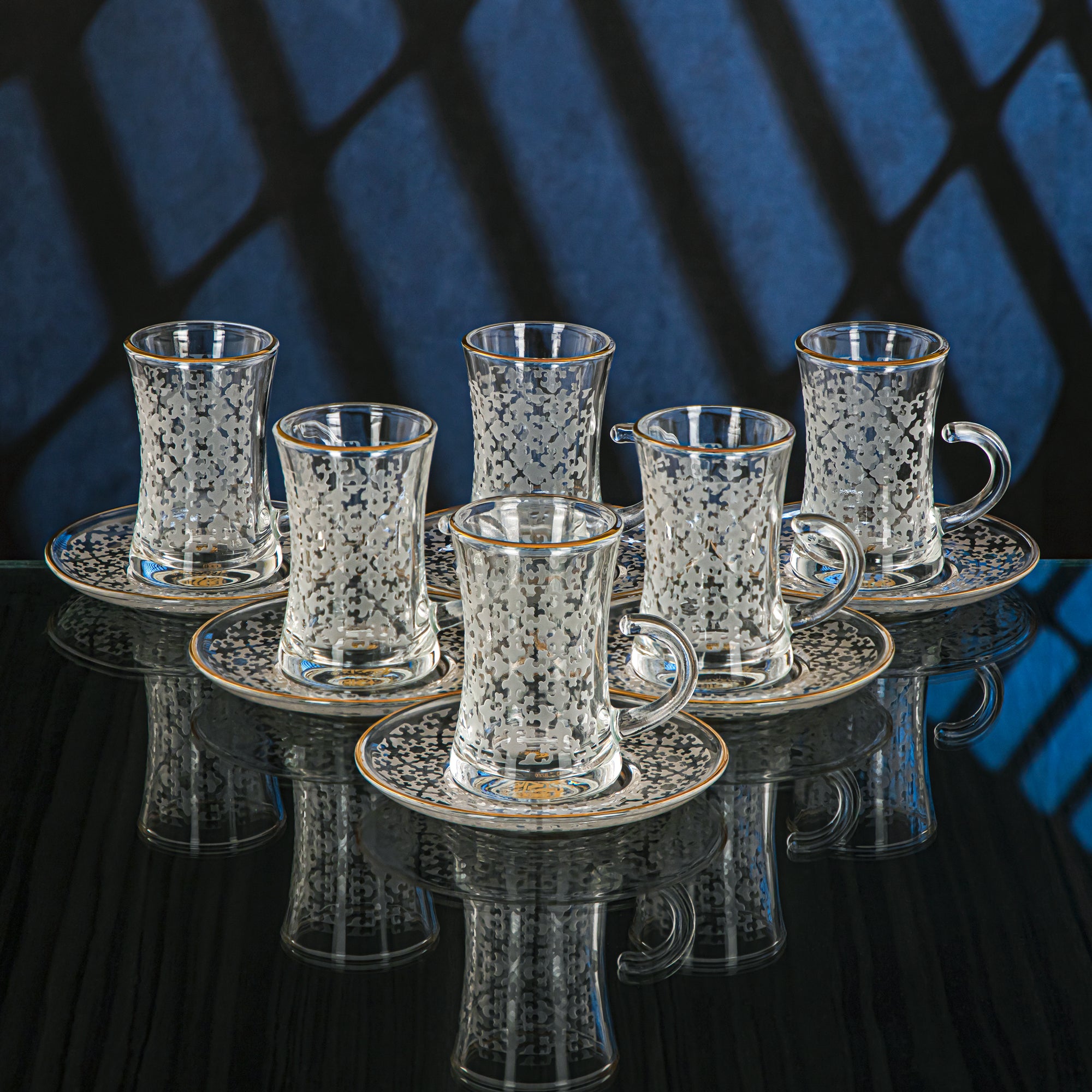 Almarjan 18 Pieces Zelij Collection Glass Tea & Coffee Set With Golden Rim - GLS2630036