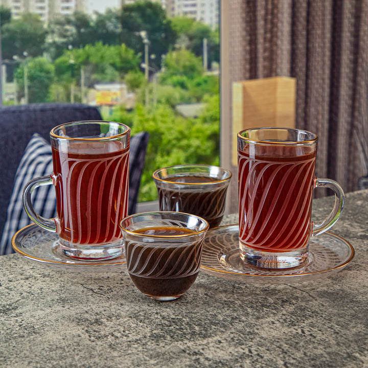 Almarjan 18 Pieces Wave Collection Glass Tea & Coffee Set With Golden Rim - GLS2630042
