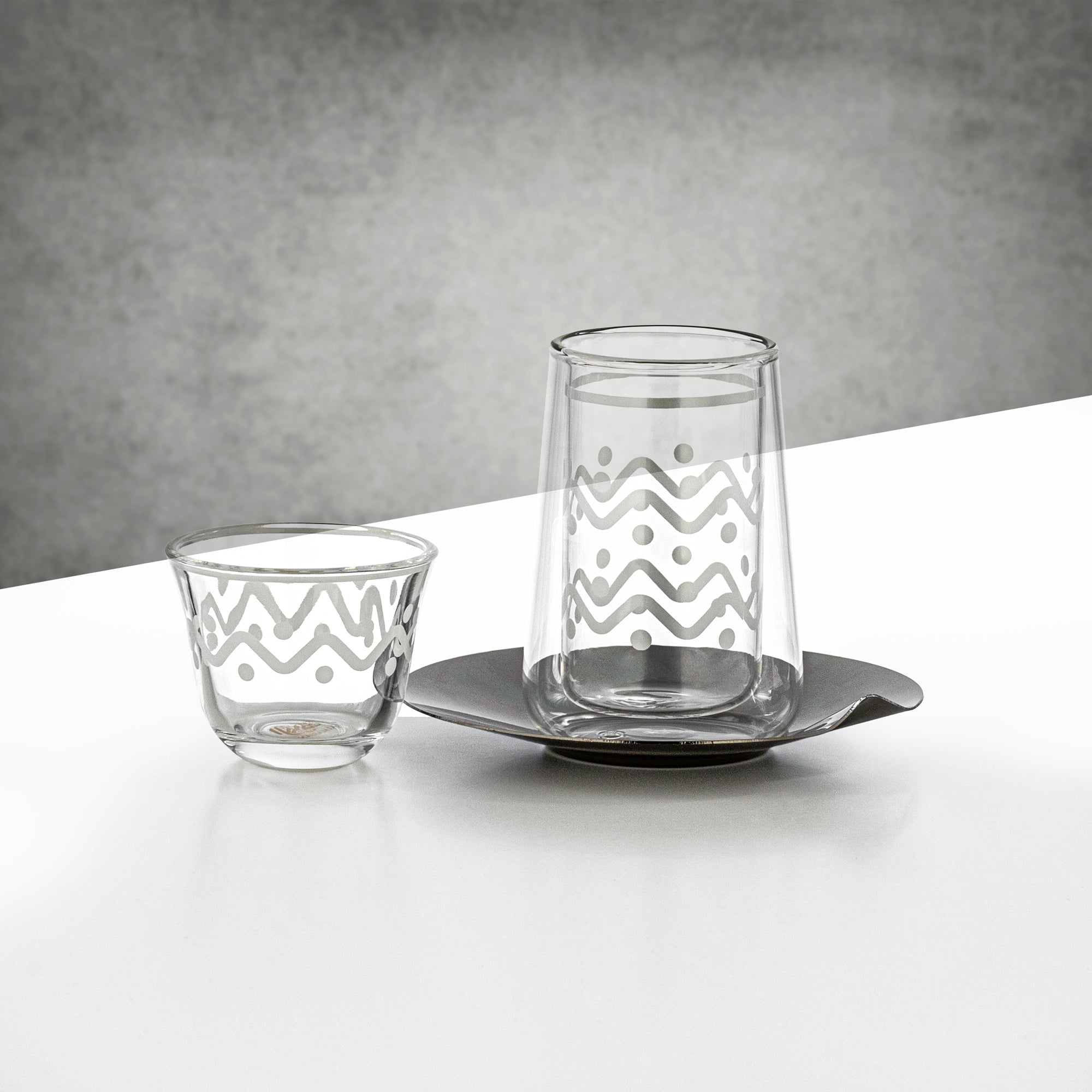 Almarjan Tea & Coffee Glass Set 18 Pieces Clear with White Pattern & Gun Black Saucers