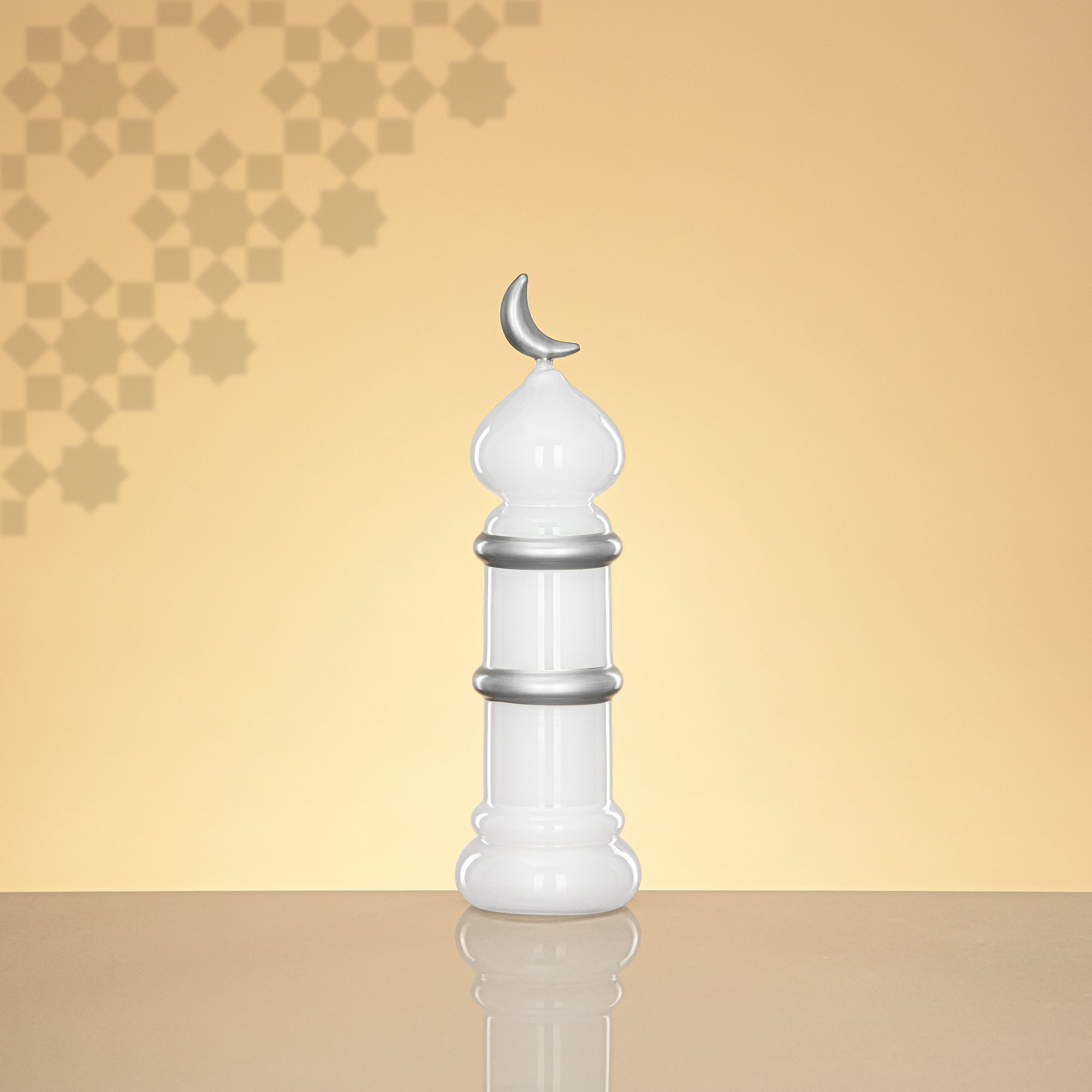 Almarjan Minaret Table Decoration 24cm x 7cm White with Silver Lines & Crescent Moon – Noor Al Layali