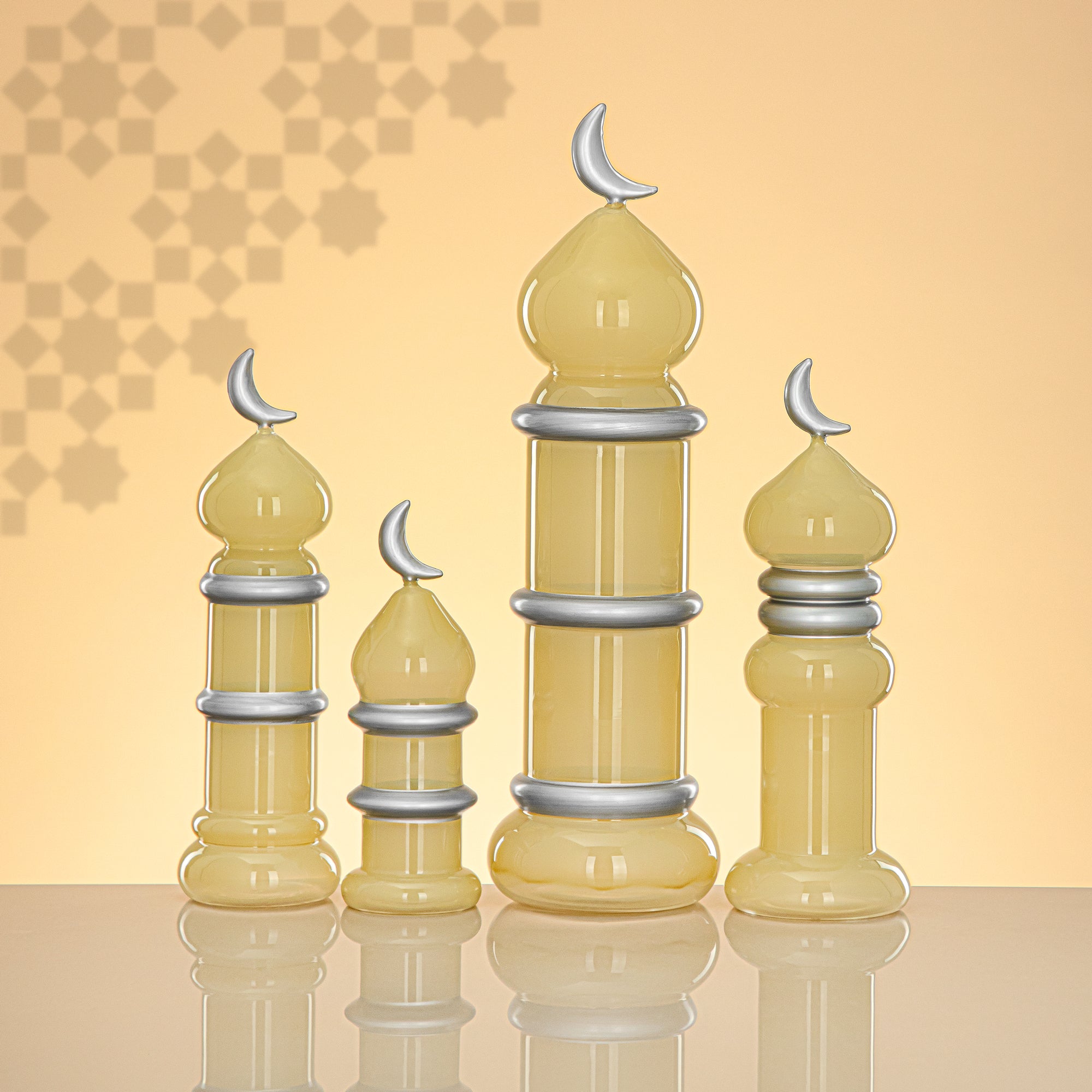 Almarjan Minaret Table Decoration 24cm x 7cm Ivory with Silver Lines & Crescent Moon – Noor Al Layali