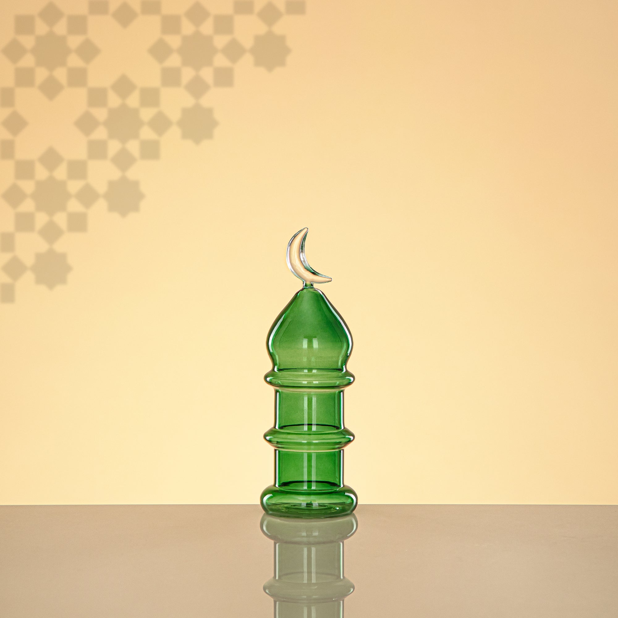 Almarjan Minaret Table Decoration 16.5cm x 6cm Transparent Green with Clear Crescent Moon – Noor Al Layali
