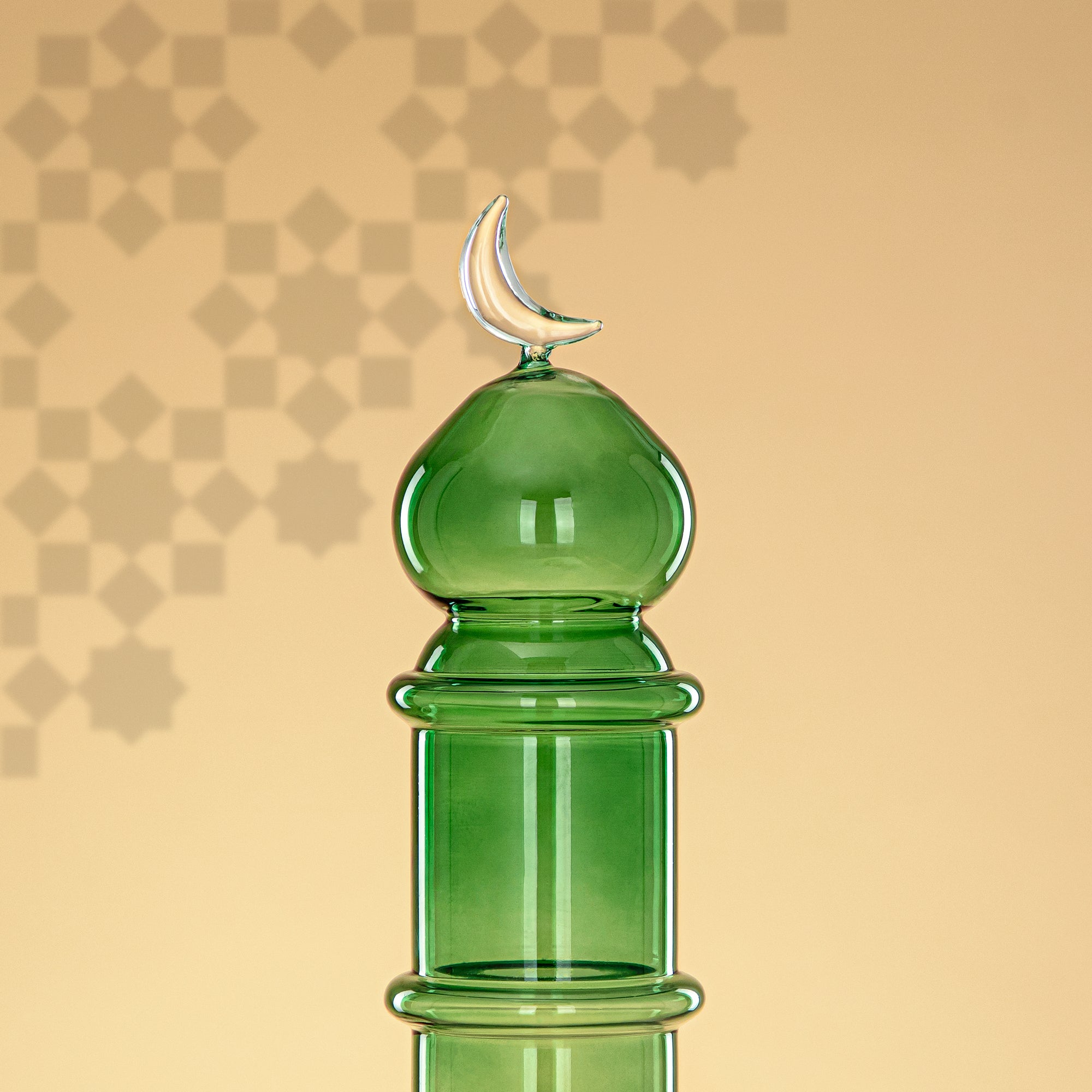 Almarjan Minaret Table Decoration 34cm x 10cm Transparent Green with Clear Crescent Moon – Noor Al Layali