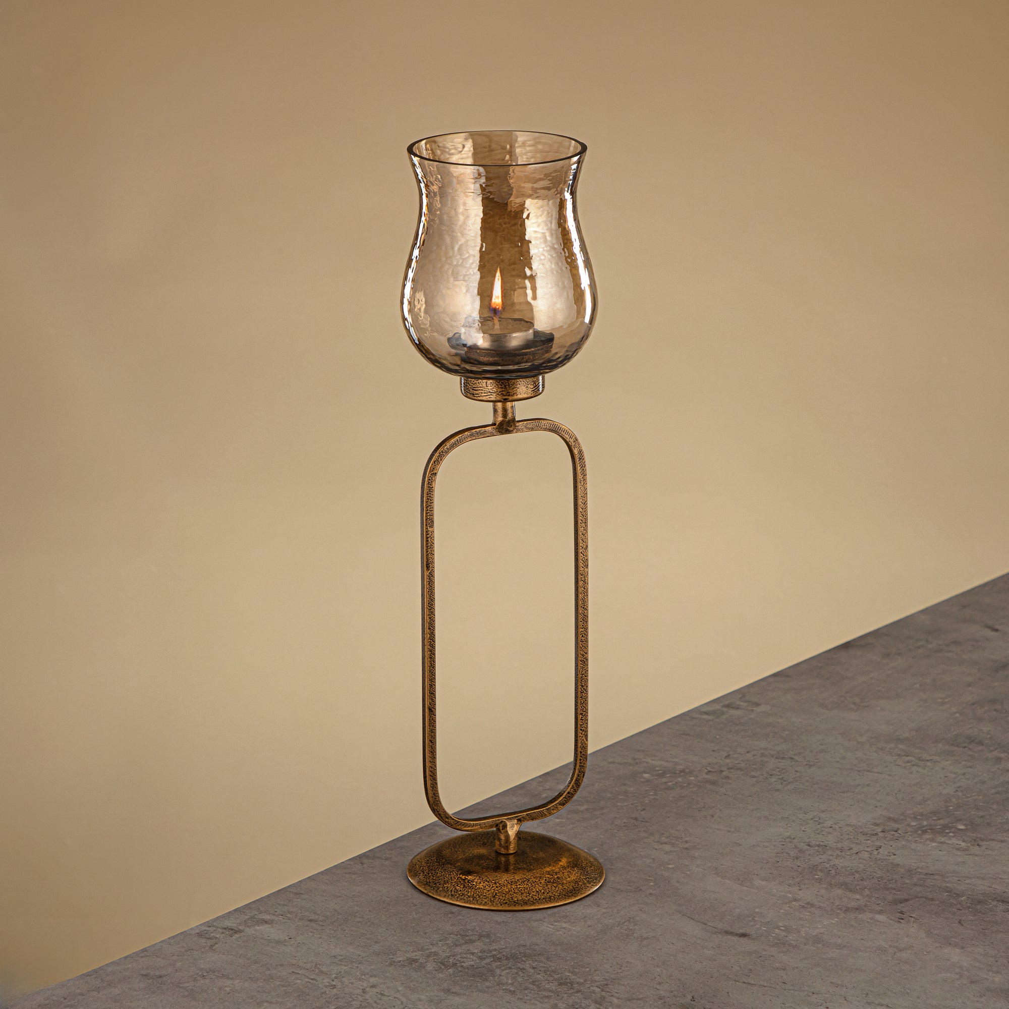 Almarjan Elemental Votive Holder Hammered Copper Brown Glass 11x11x41 CM Antique Gold Stand (GMT2960013)