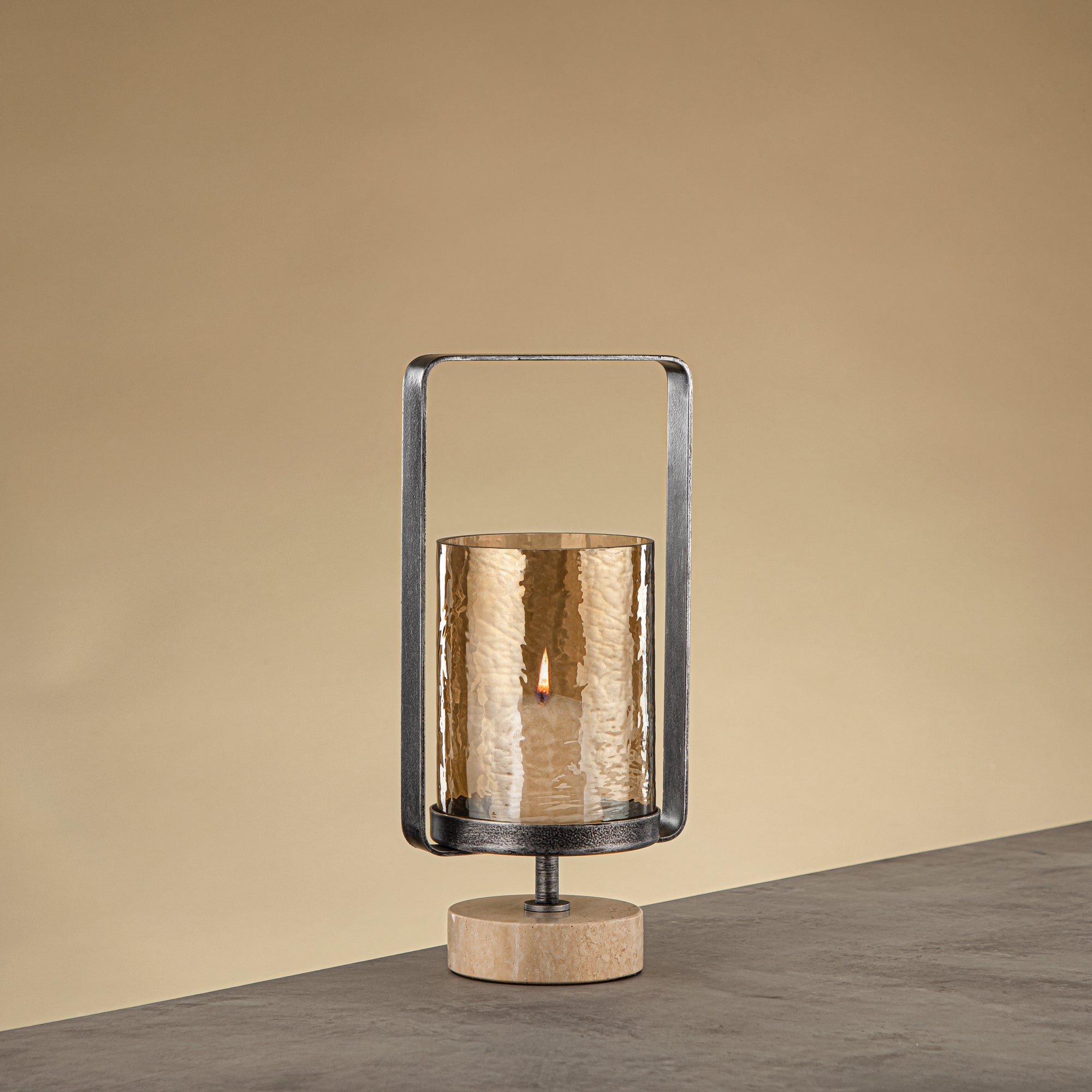 Almarjan Kalon Hurricane Lantern Hammered Copper Brown Glass 15.5x12.5x32.5 CM Brushed Grey & Travertine Base (GMT2960028)