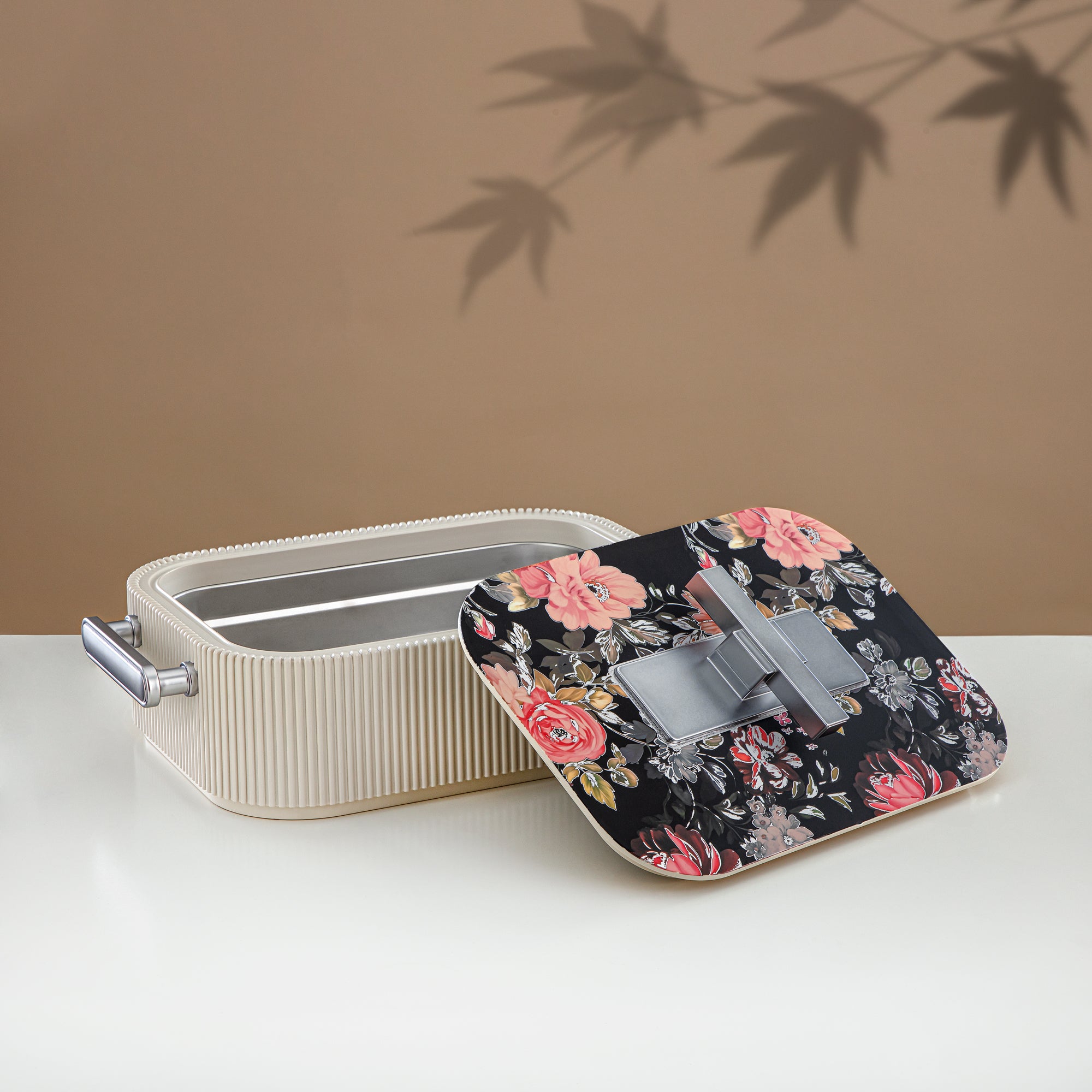 Almarjan Hot Pot ABS, 3000ML, Floral Beige & Matt Silver (HP06-300SP-AZ04S) - Elegant Serving