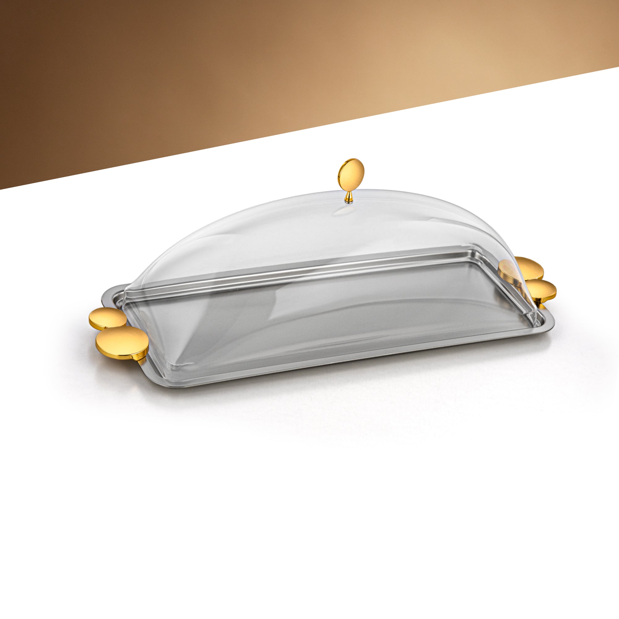 صينية تقديم المرجان 45 سم مع غطاء أكريليك وحصيرة نيكل وذهبي - HT2506035