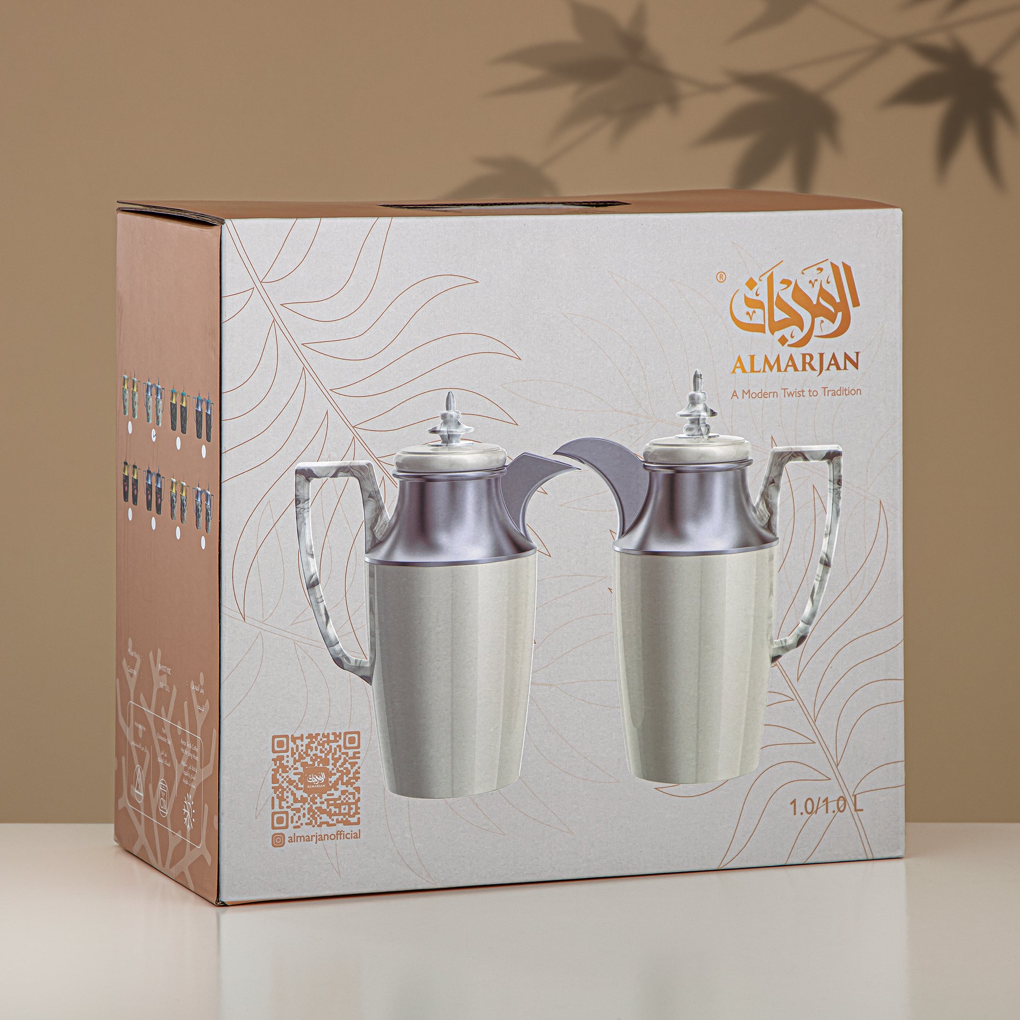 Almarjan Vacuum Flask Set, Push Button, 1L + 1L, Floral & Matt Gold (JBH10T/10C-AZ01G) - Tea & Coffee Vacuum Flask