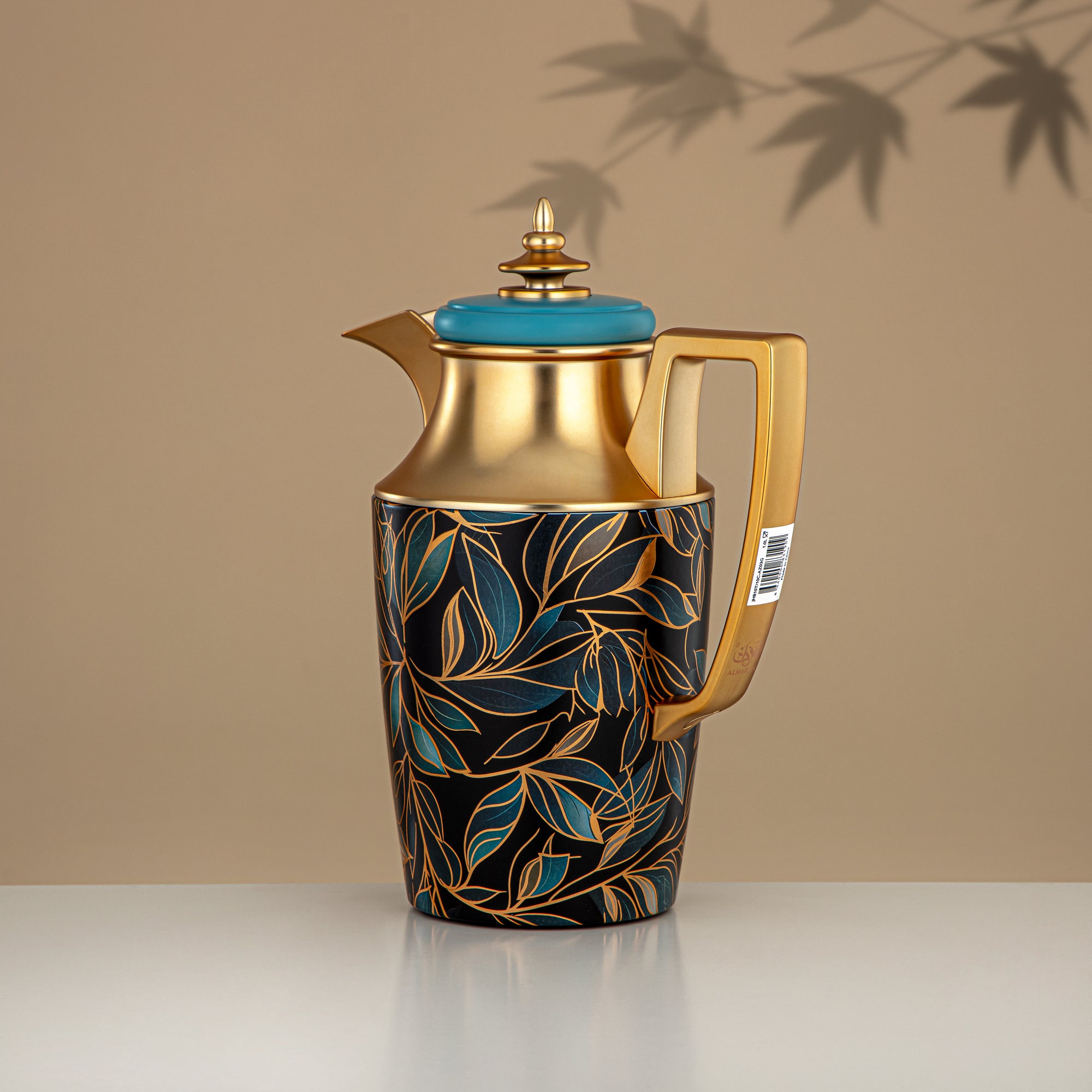Almarjan Vacuum Flask Set, Push Button, 1L + 1L, Floral & Matt Gold (JBH10T/10C-AZ03G) - Tea & Coffee Vacuum Flask