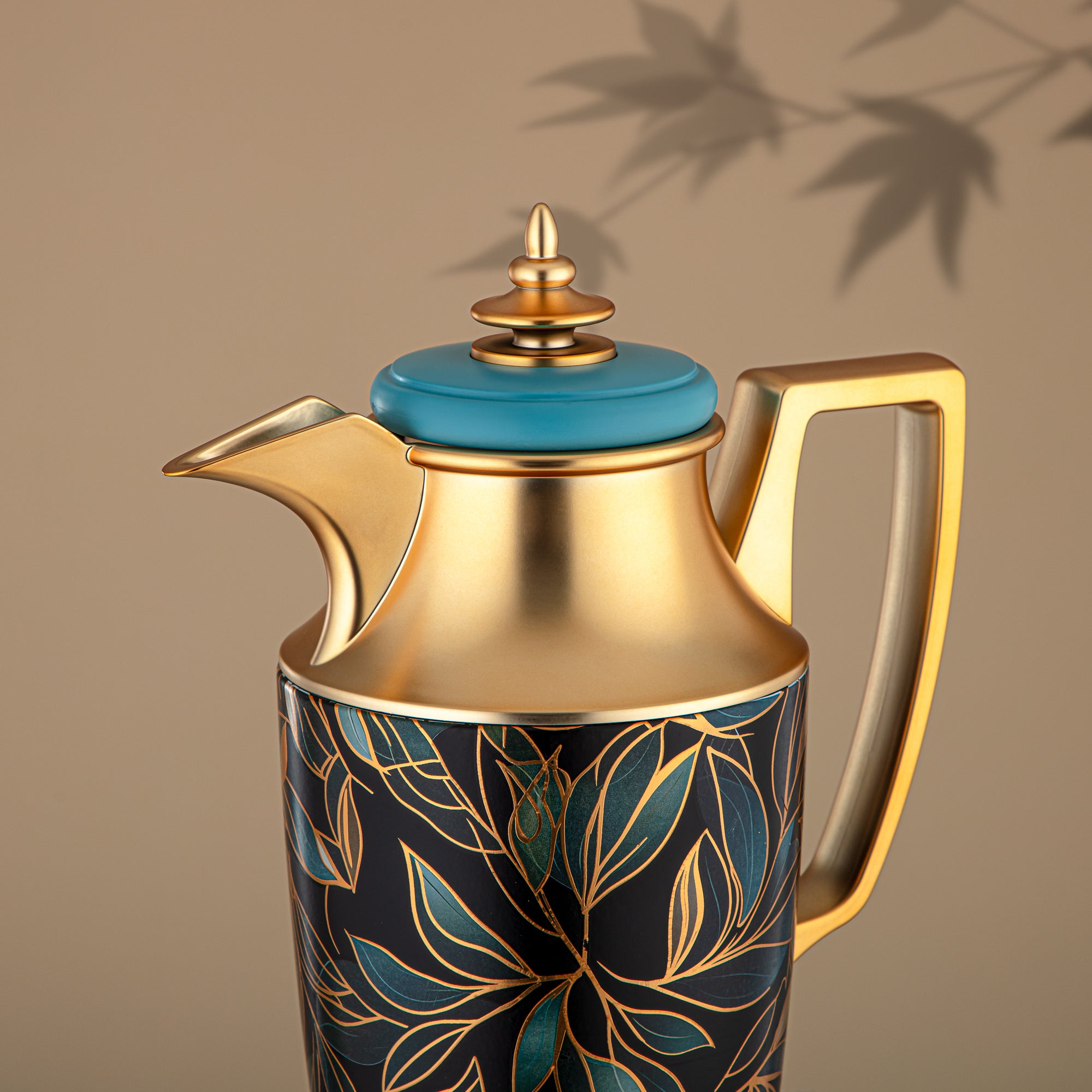 Almarjan Vacuum Flask Set, Push Button, 1L + 1L, Floral & Matt Gold (JBH10T/10C-AZ03G) - Tea & Coffee Vacuum Flask