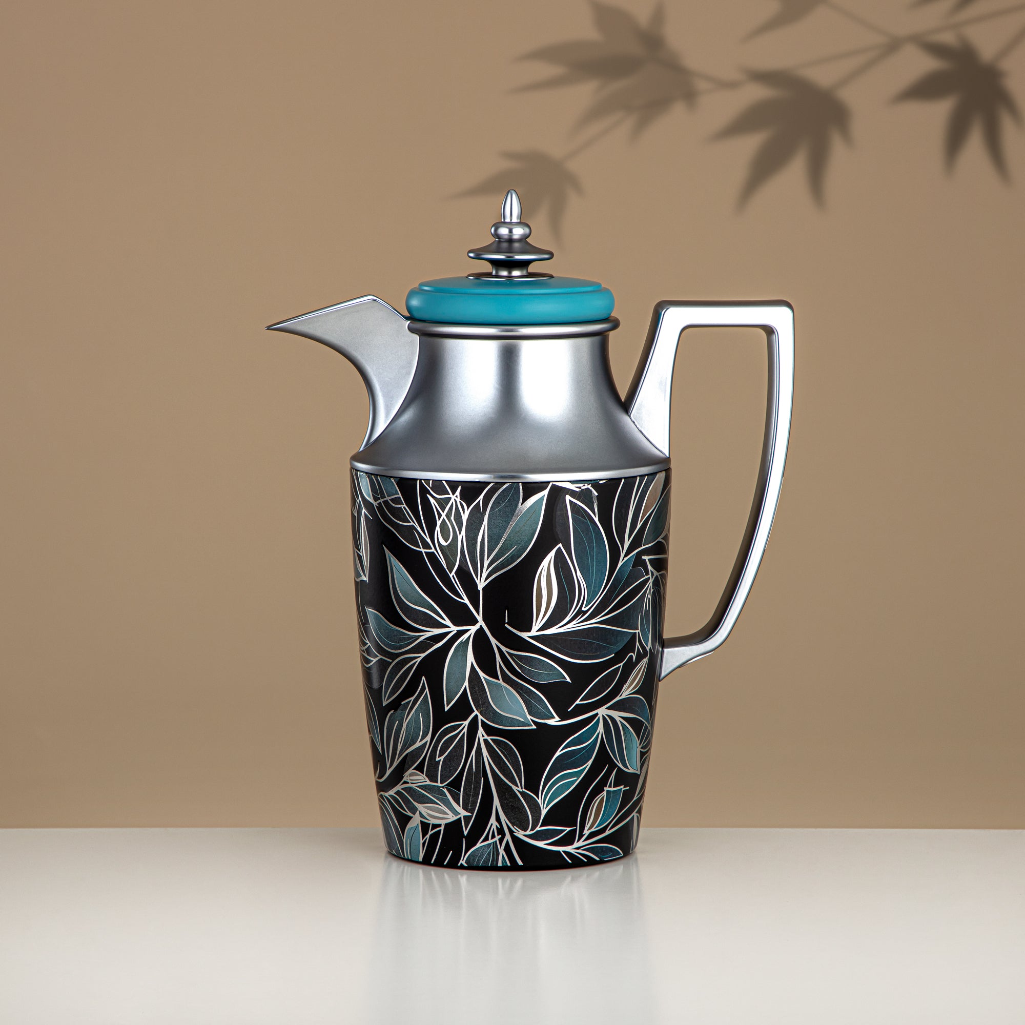 Almarjan Vacuum Flask Set, Push Button, 1L + 1L, Floral & Matt Silver (JBH10T/10C-AZ03S) - Tea & Coffee Vacuum Flask