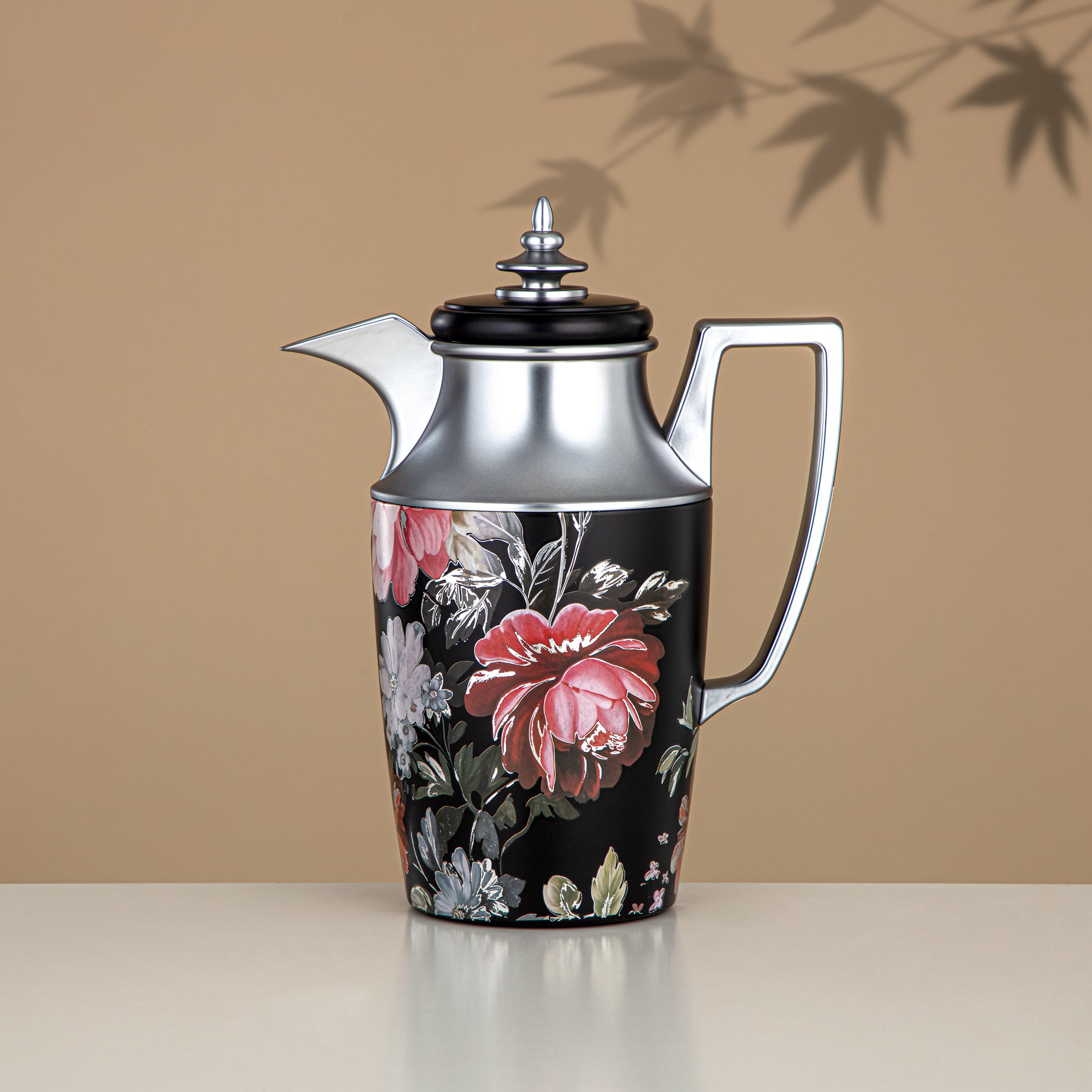 Almarjan Vacuum Flask Set, Push Button, 1L + 1L, Floral & Matt Silver (JBH10T/10C-AZ04S) - Tea & Coffee Vacuum Flask