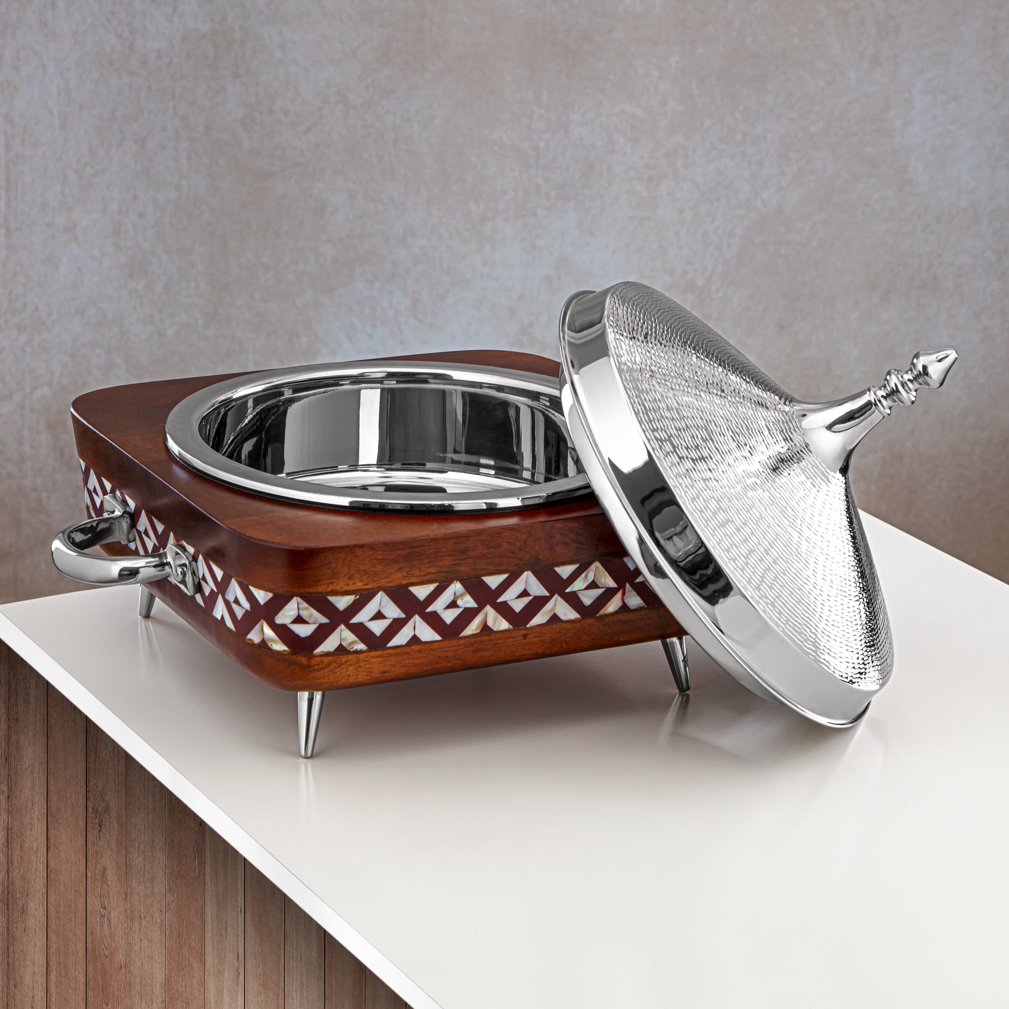 Almarjan 32 CM Brass Hot Pot Wood & Silver - MD-0433 A