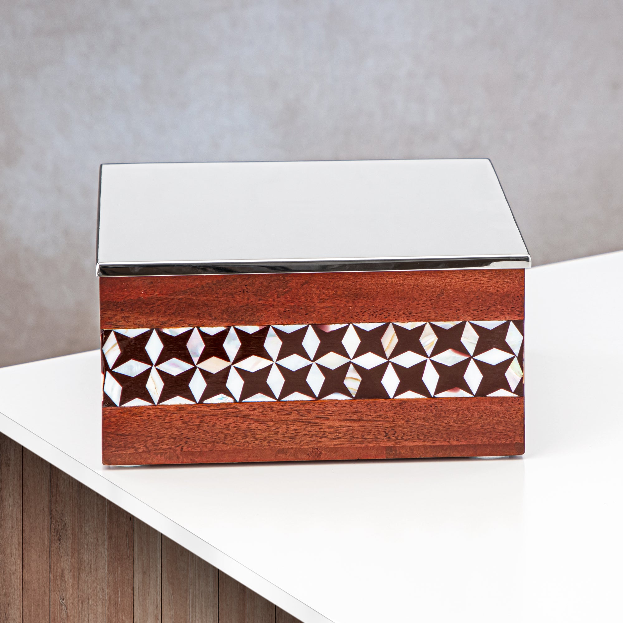 Almarjan 20 CM Square Storage Box Wood & Silver - MD-1815 A