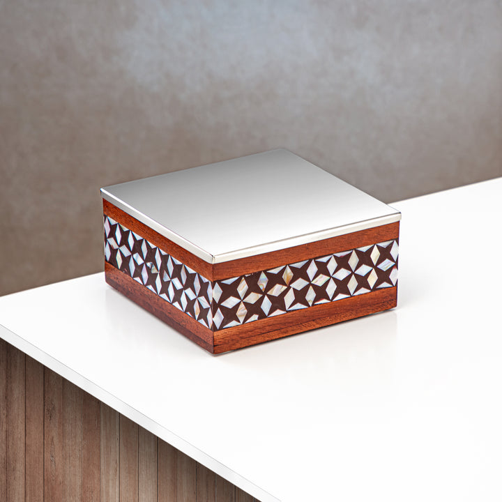 Almarjan 16 CM Square Storage Box Wood & Silver - MD-1815 B