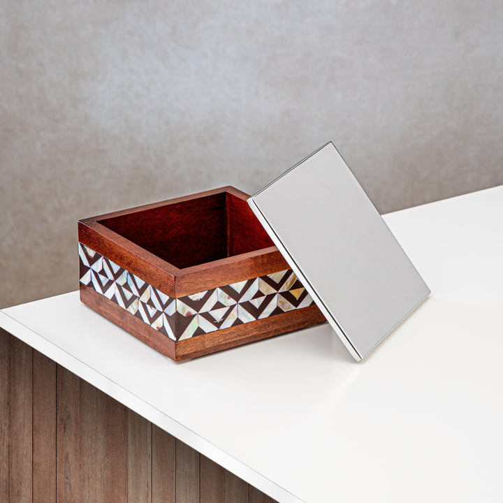 Almarjan 16 CM Square Storage Box Wood & Silver - MD-1816 B