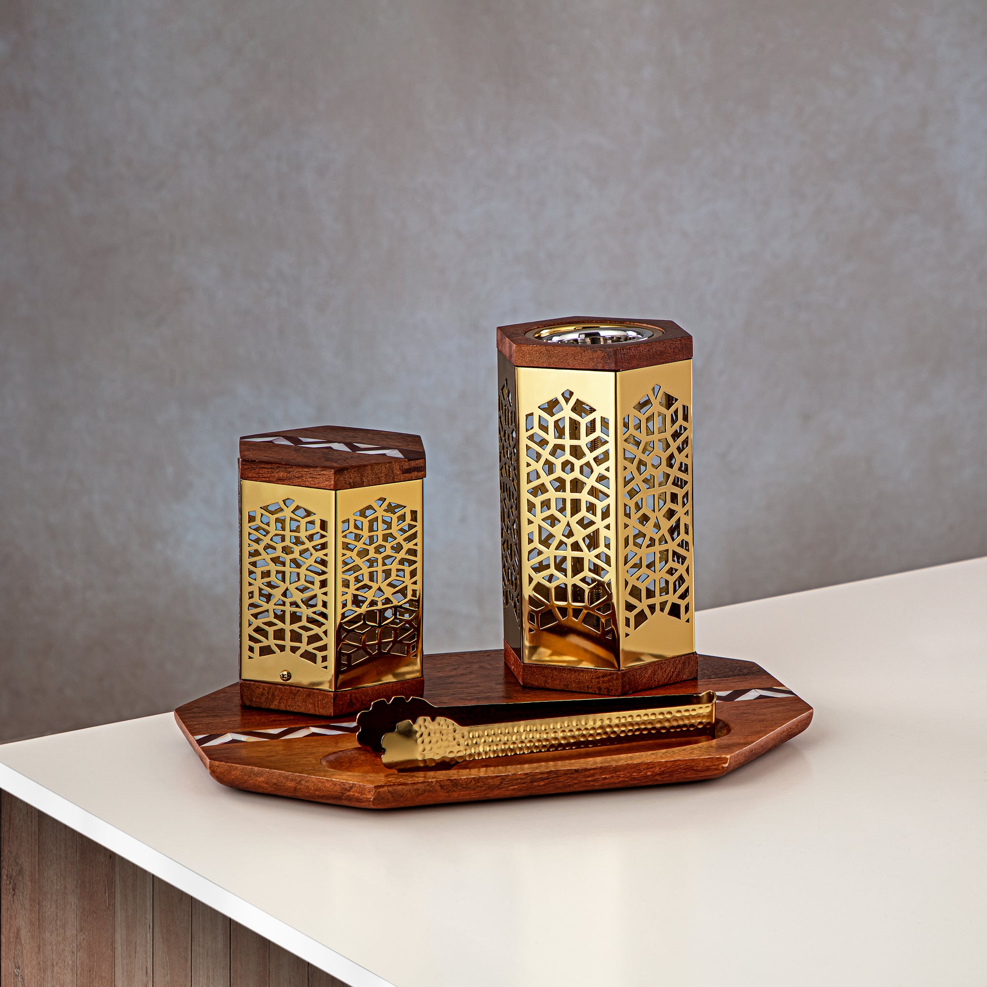 Almarjan 4 Pieces Incense Burner Set Wood & Gold - MD-267 B