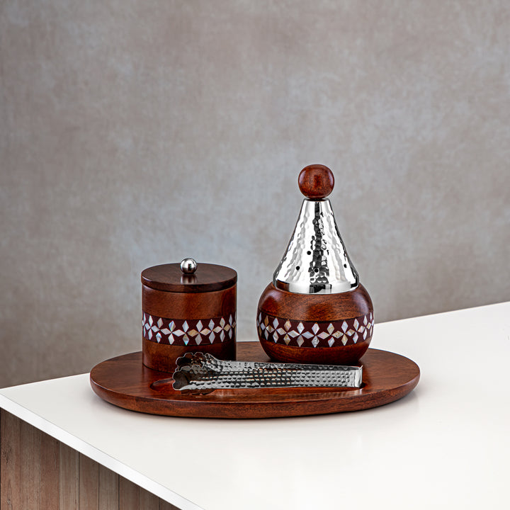 Almarjan 4 Pieces Incense Burner Set Wood & Silver - MD-268 A